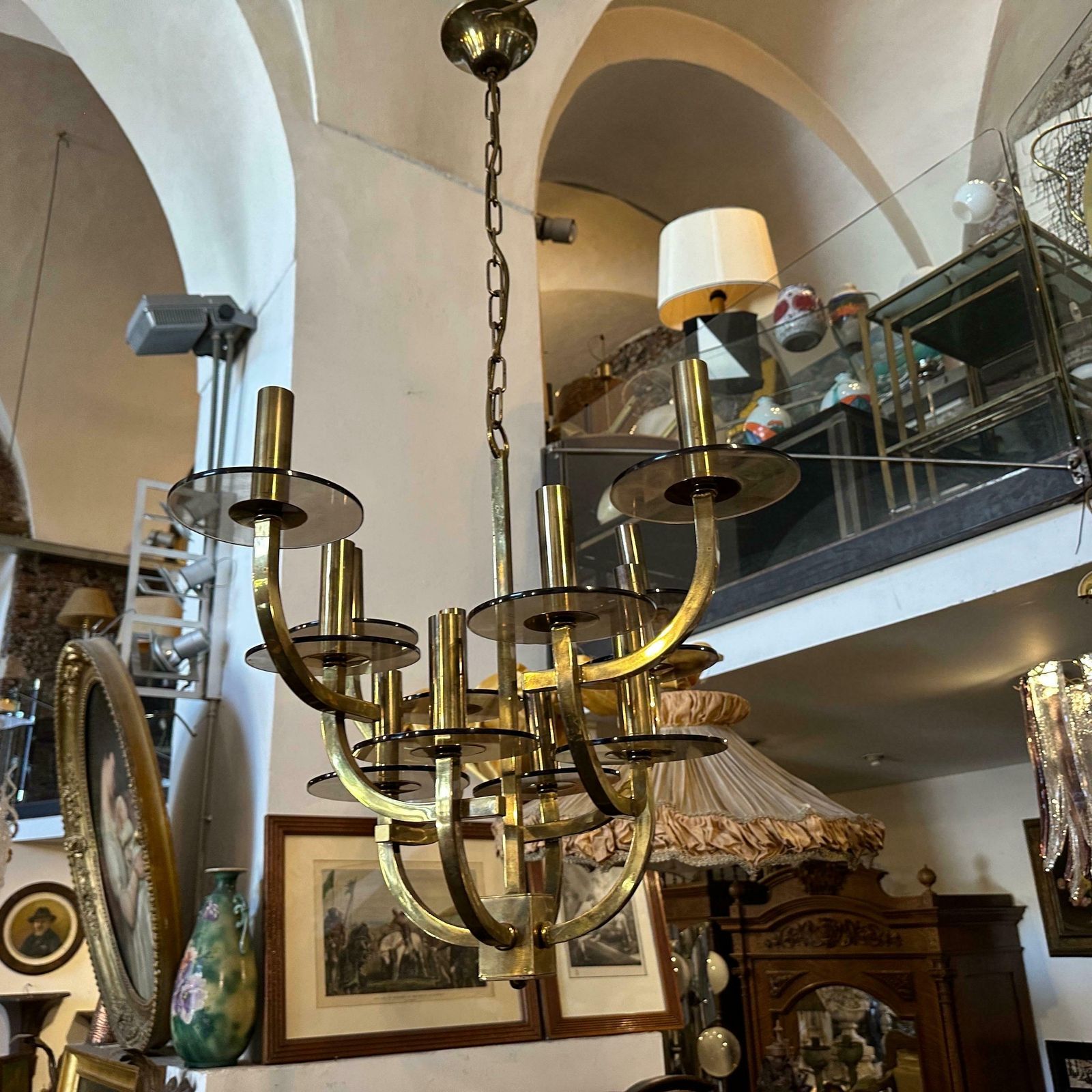 photo for sale 1960s Gaetano Sciolari Mid Century Modern Brass And Smoked Glass Chandelier