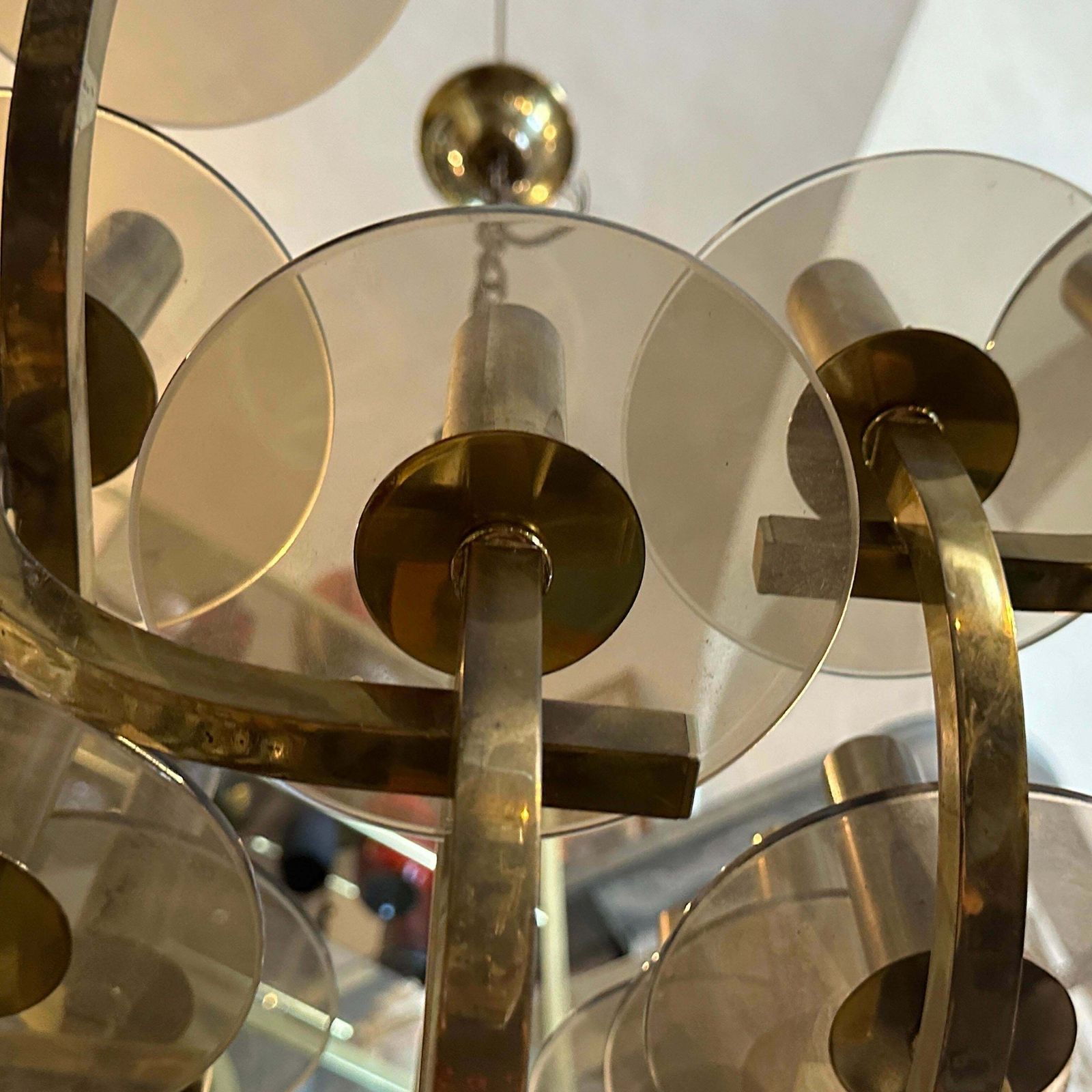 1934.0 1960s Gaetano Sciolari Mid Century Modern Brass And Smoked Glass Chandelier photo
