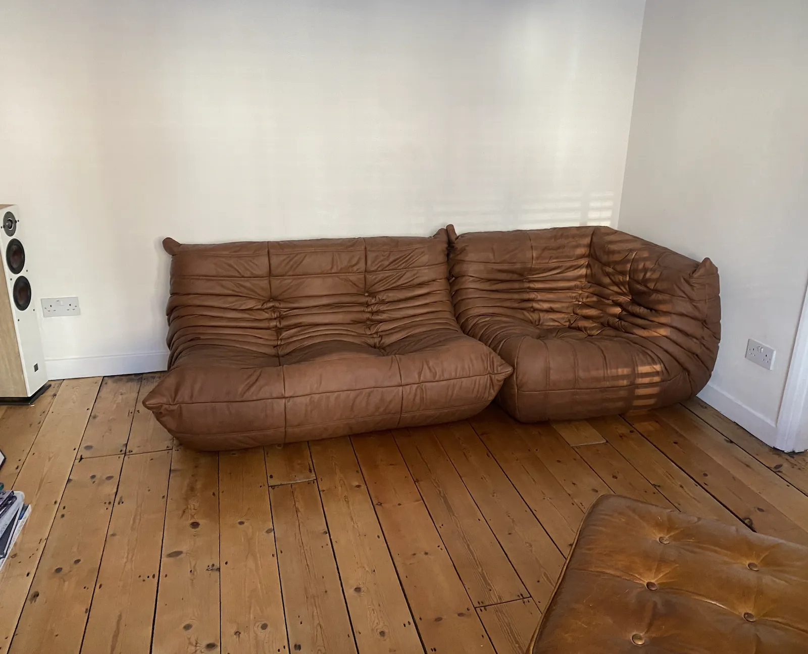 Ligne Roset Togo Brown Leather 2 Seater Sofa And Corner Chair