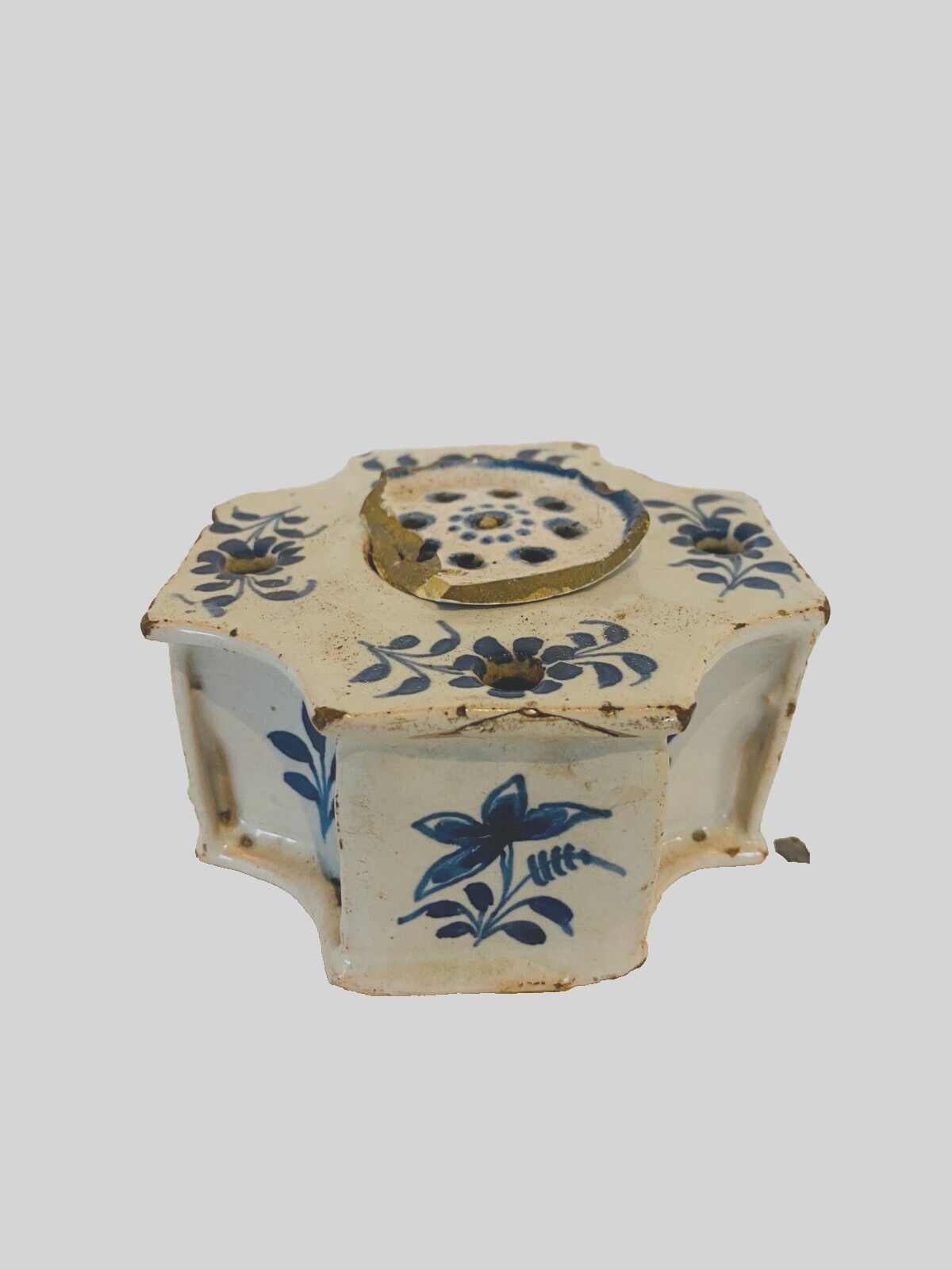 18th Century Earthenware Inkwell With Floral Decoration
