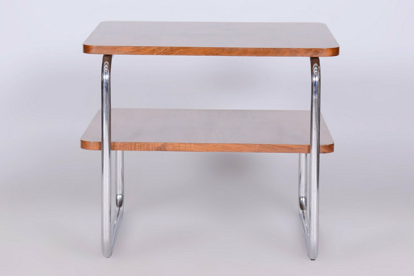 Restored Bauhaus Side Table, Caucasian Walnut, Chrome Plated Steel, Czech, 1930s photo vintage