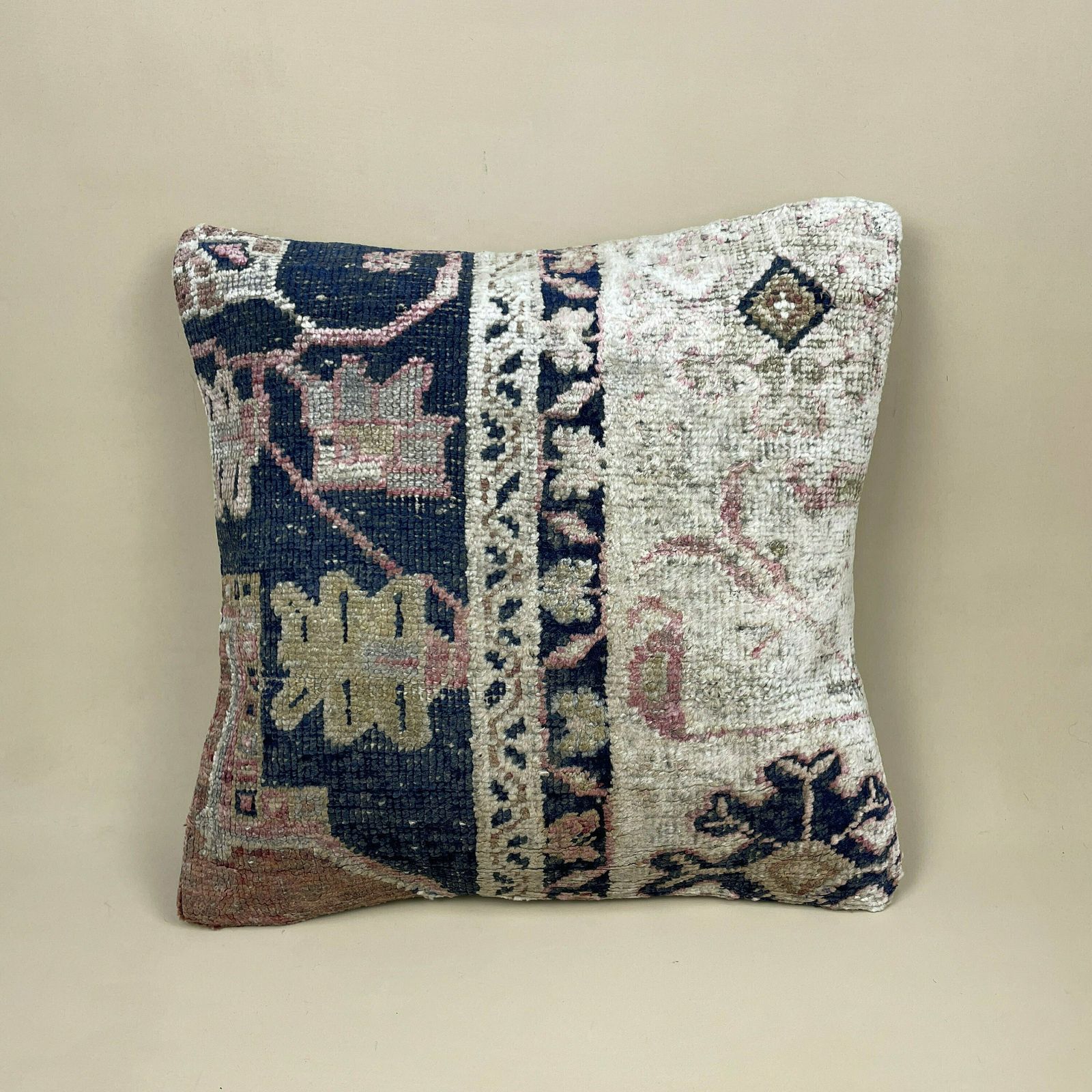 Antique Kilim Cushion Turkish Pillow Feather Filled Handwoven Abstract Blue Pink Beige