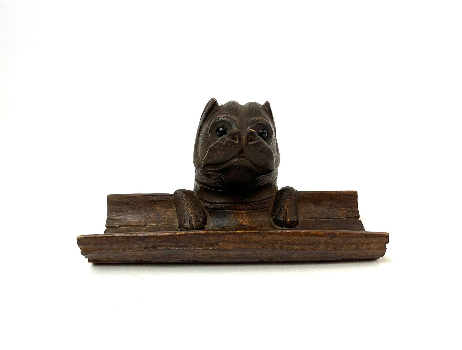 Rare Antique Black Forest Wooden Dog Glass Eyes Inkwell Germany 1880 photo furniture