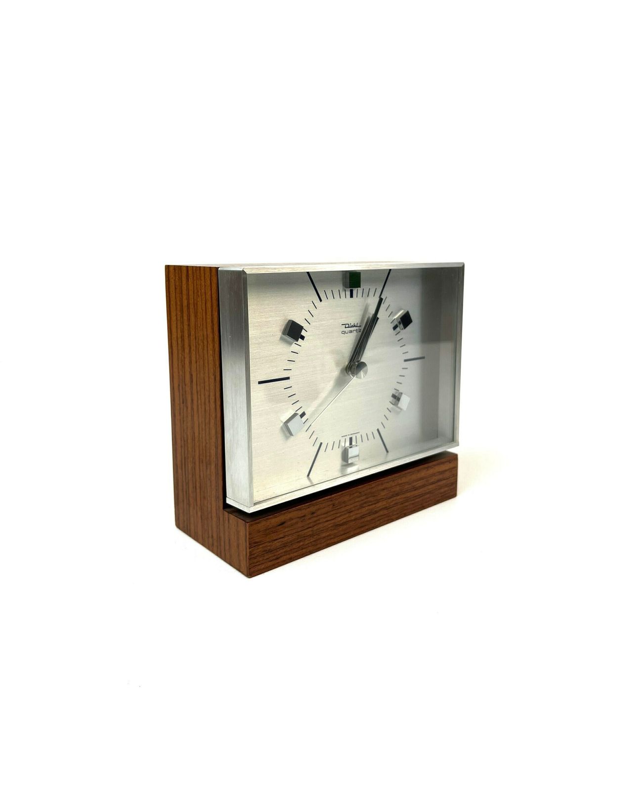 photo for sale Rare Mid Century Desk Clock Teak & Brushed Metal By Diehl Eames Age 1960