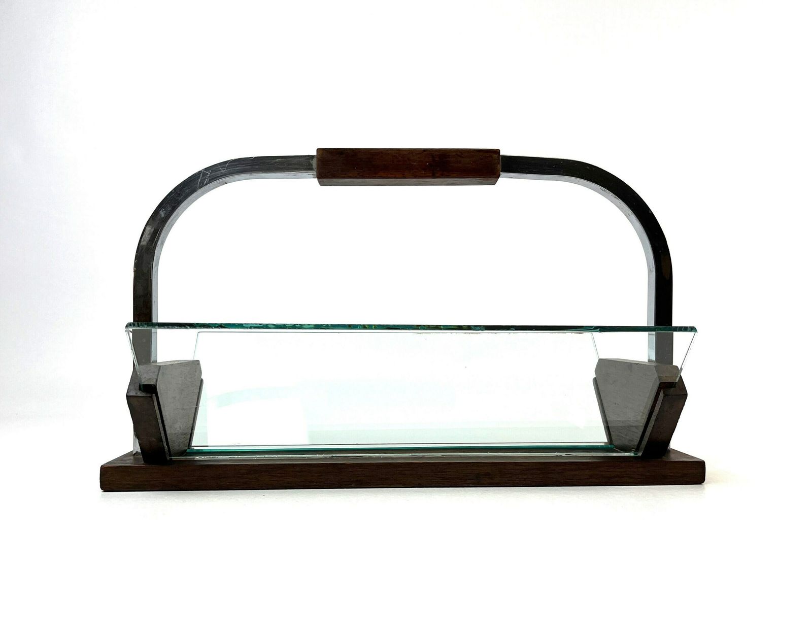 Stunning Art Deco Bauhaus Glass Wood Fruit Bowl Center Of Table By Jaques Adnet photo vinterior