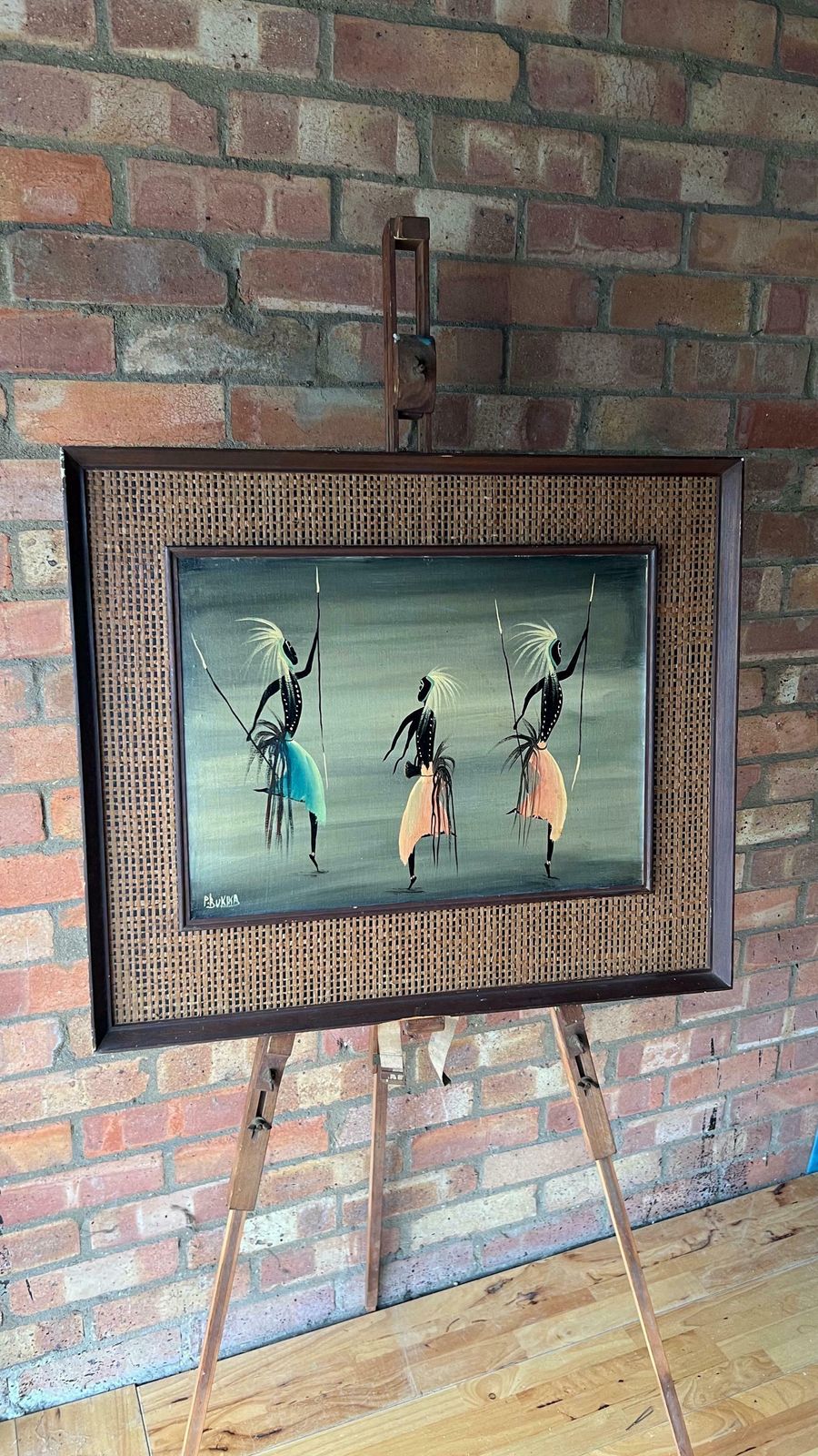 photo for sale Large Mid Century Oil Painting   Vintage Tribal Art Depicting African Dancers