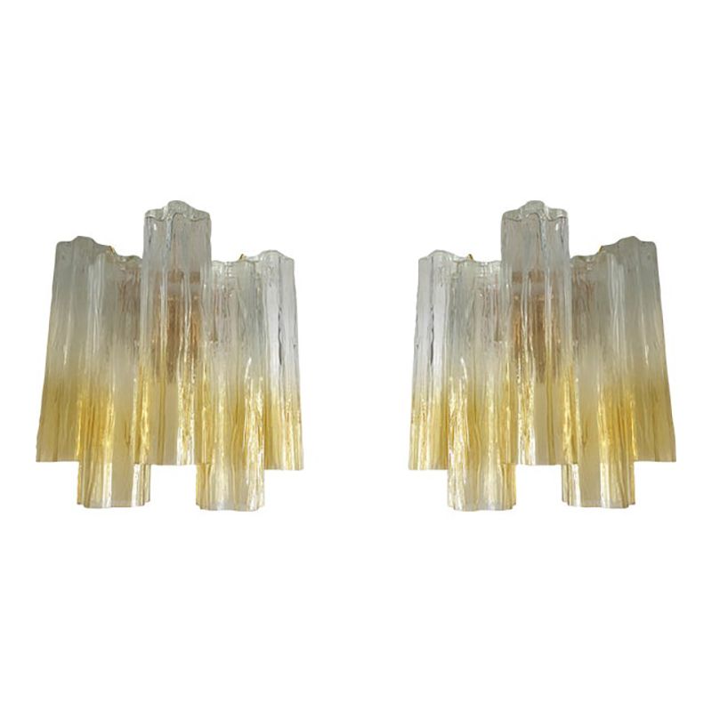 Pair Of Vanished Clear Amber "Tronchi" Murano Glass Wall Sconces In Venini Style