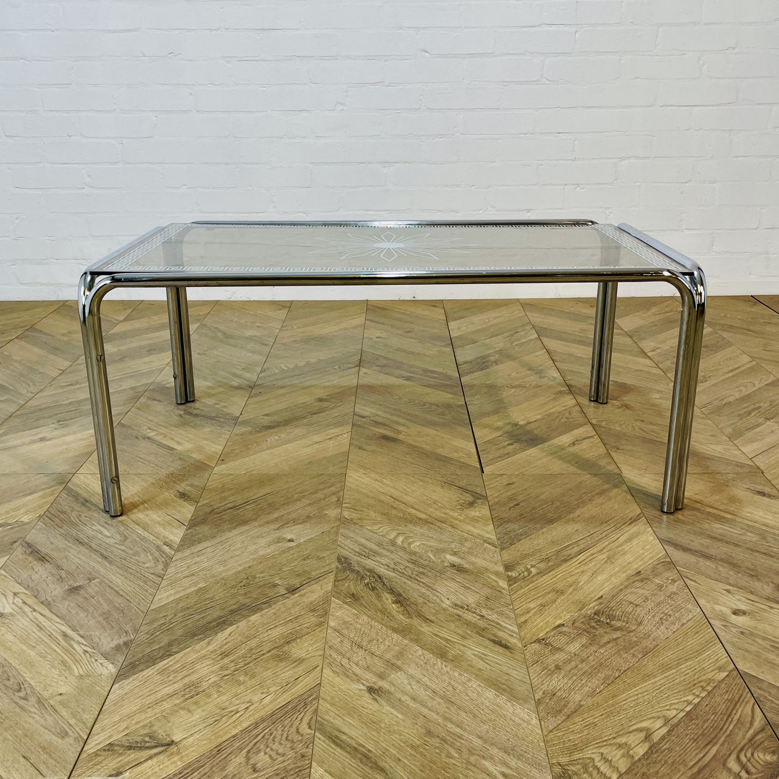 Vintage Italian Smoked Glass + Chrome Coffee Table With Detailed Top, 1970s photo for sale