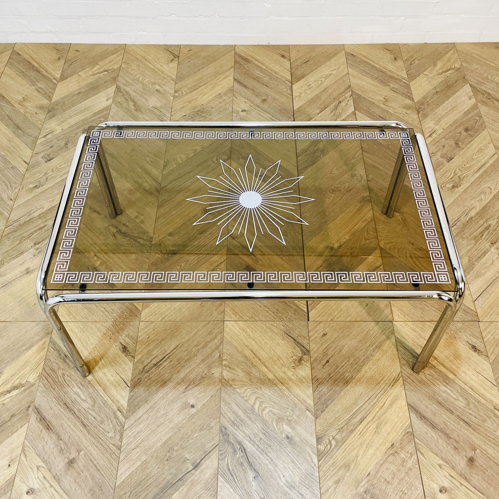 photo furniture Vintage Italian Smoked Glass + Chrome Coffee Table With Detailed Top, 1970s