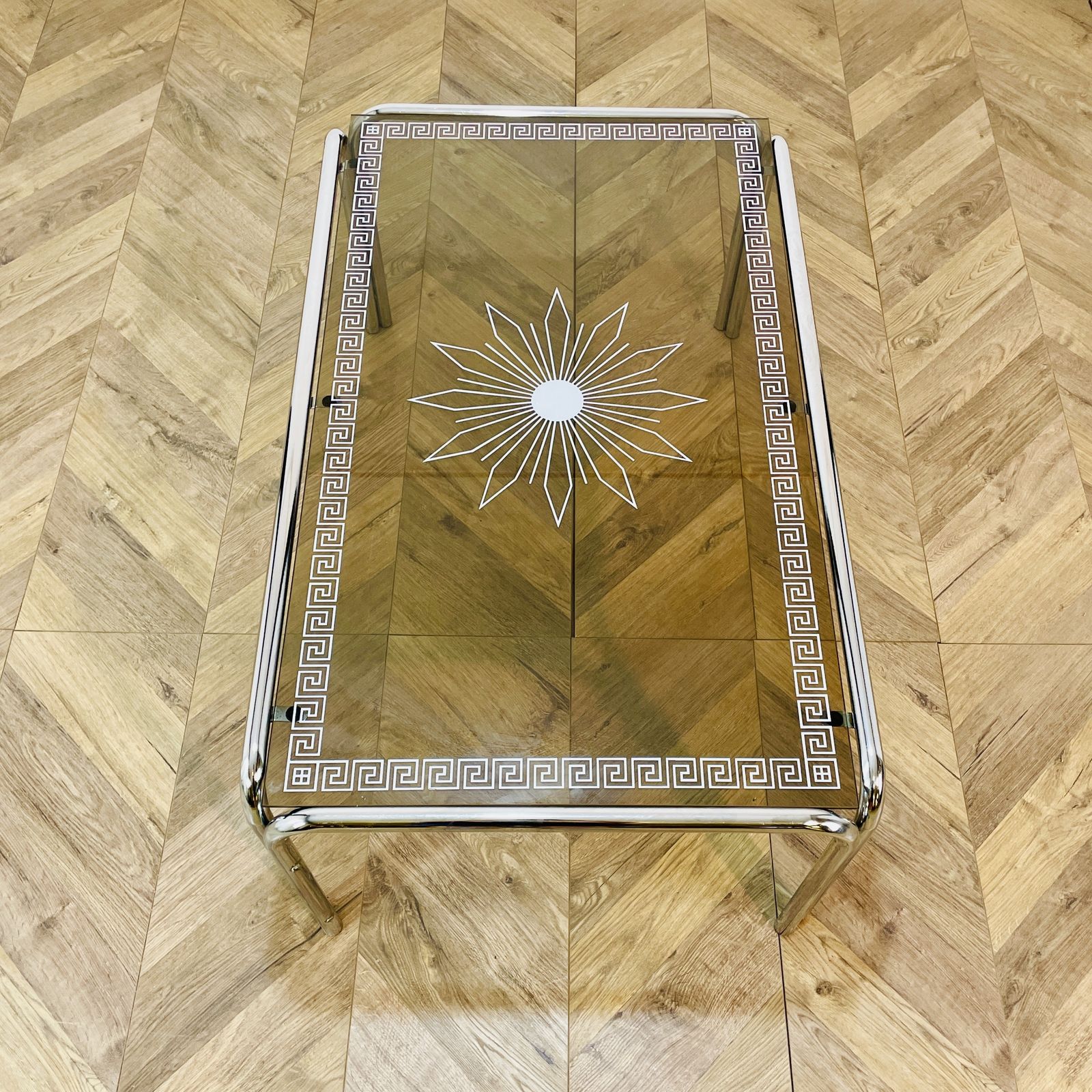 photo vintage Vintage Italian Smoked Glass + Chrome Coffee Table With Detailed Top, 1970s