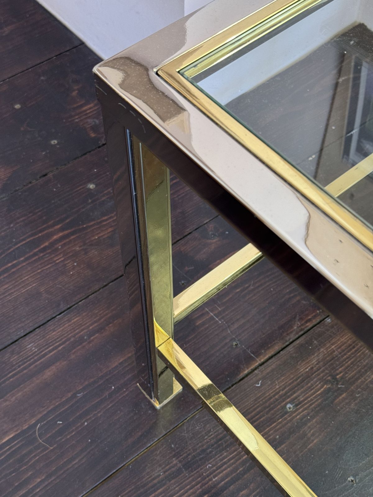 Classic 70s Mixed Metal Coffee Table With Glass Top photo for sale