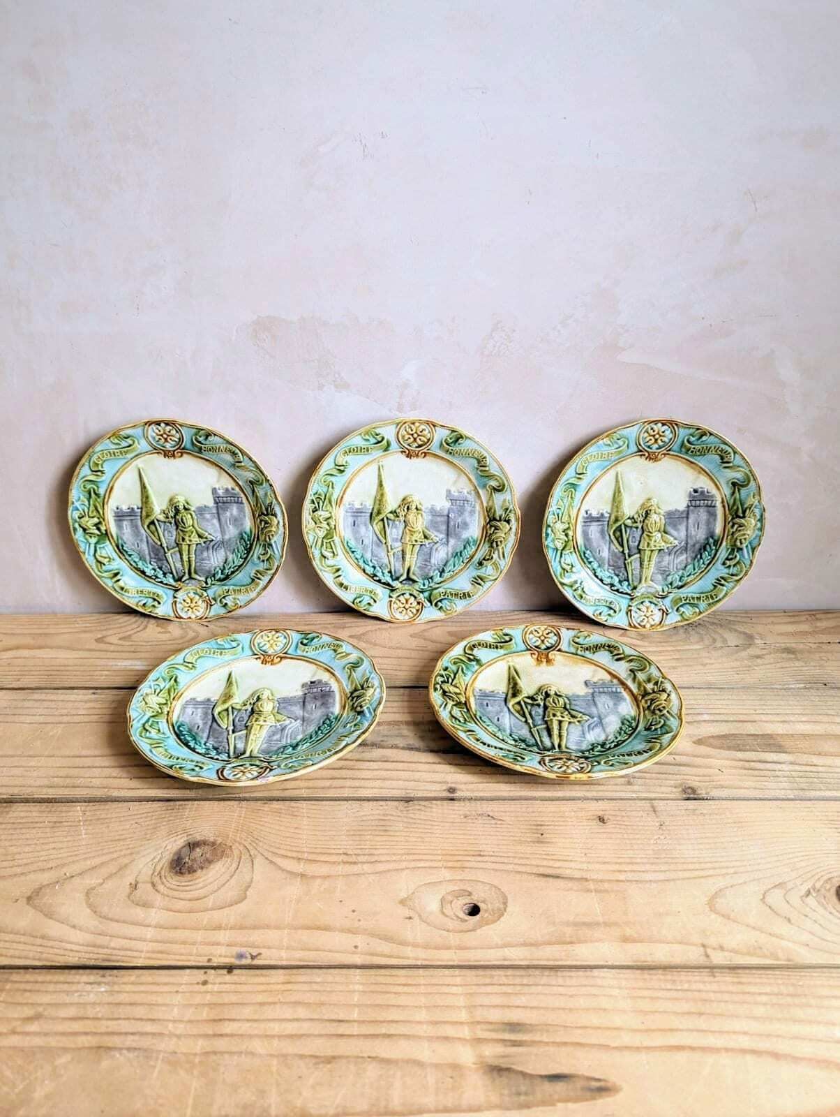 Antique French Majolica Plates  Hand Painted 'Joan Of Arc' Decorative Plates C1900 photo Home Decor