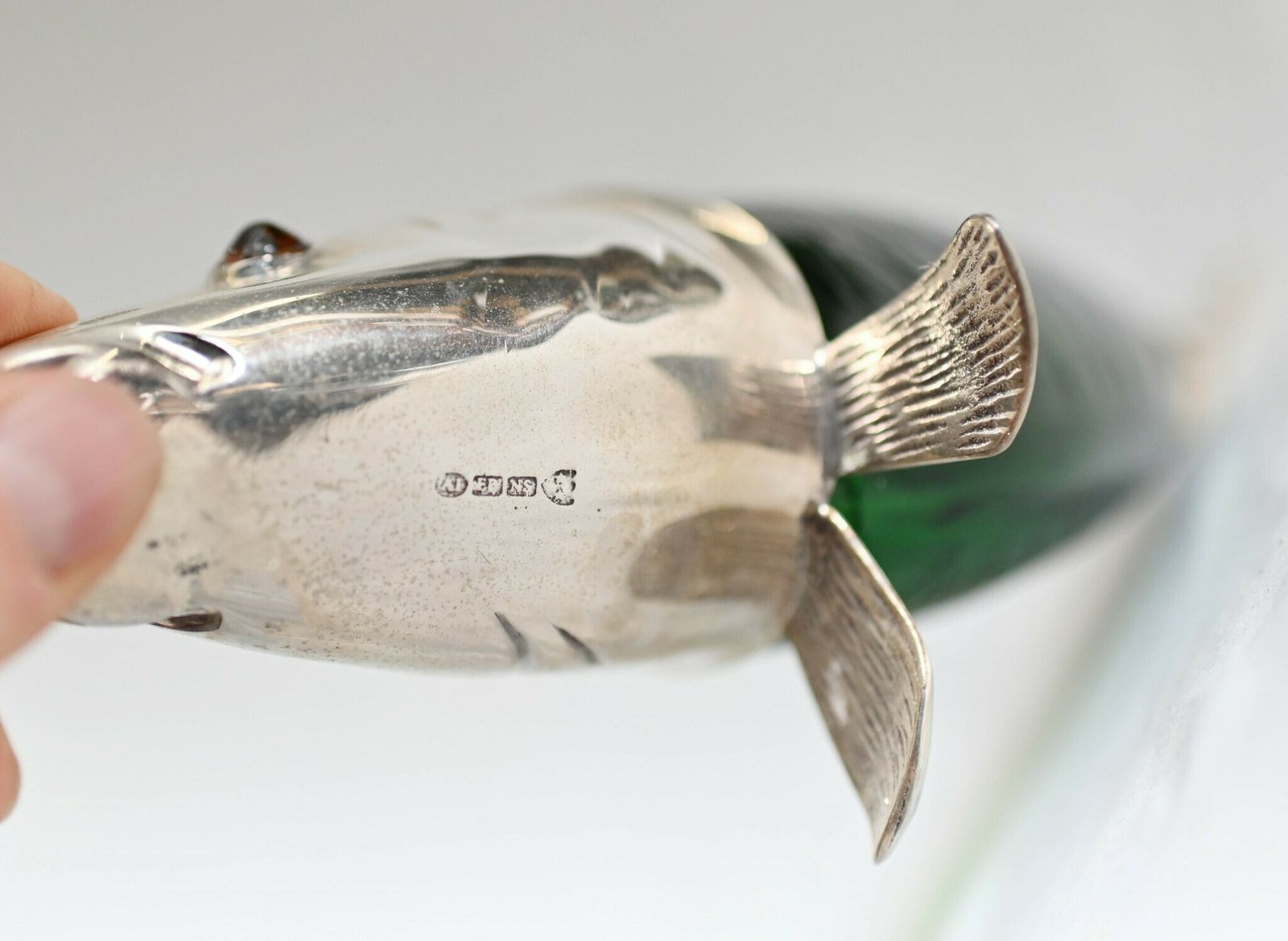 Silver Plate Fish Bottle Green Glass Decanter photo 375.0