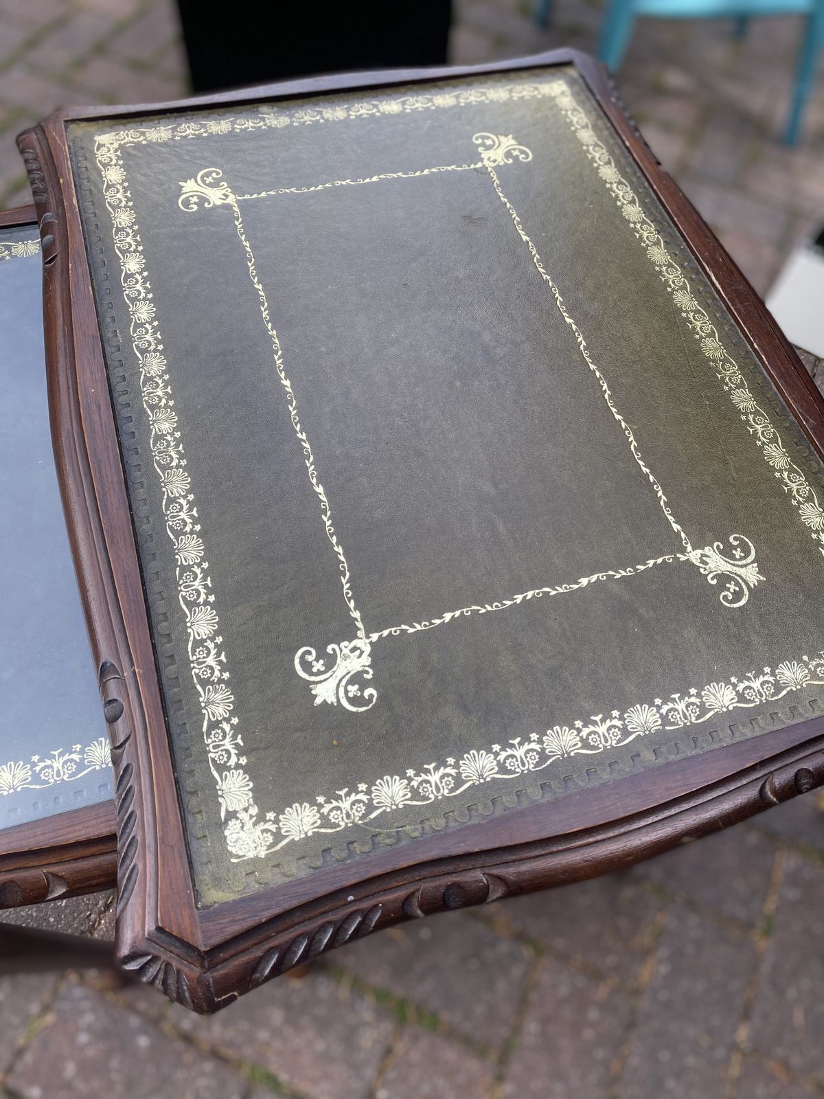 Mahogany Nest Of Tables Queen Anne Style Legs With Brown Embossed Leather Top photo furniture
