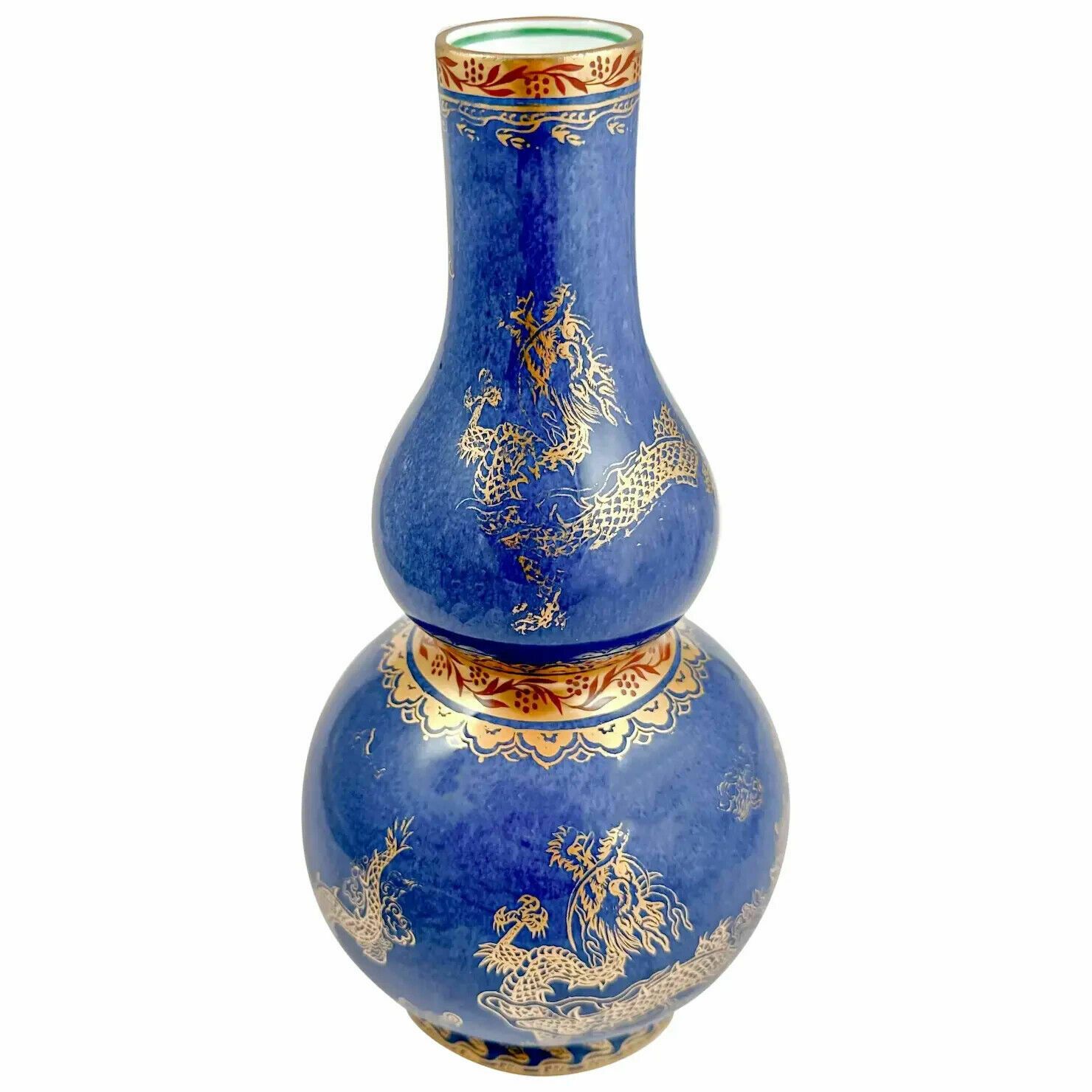 Antique Wedgwood Daisy Makeig Jones Porcelain Blue Gold Double Gourd Dragon Vase