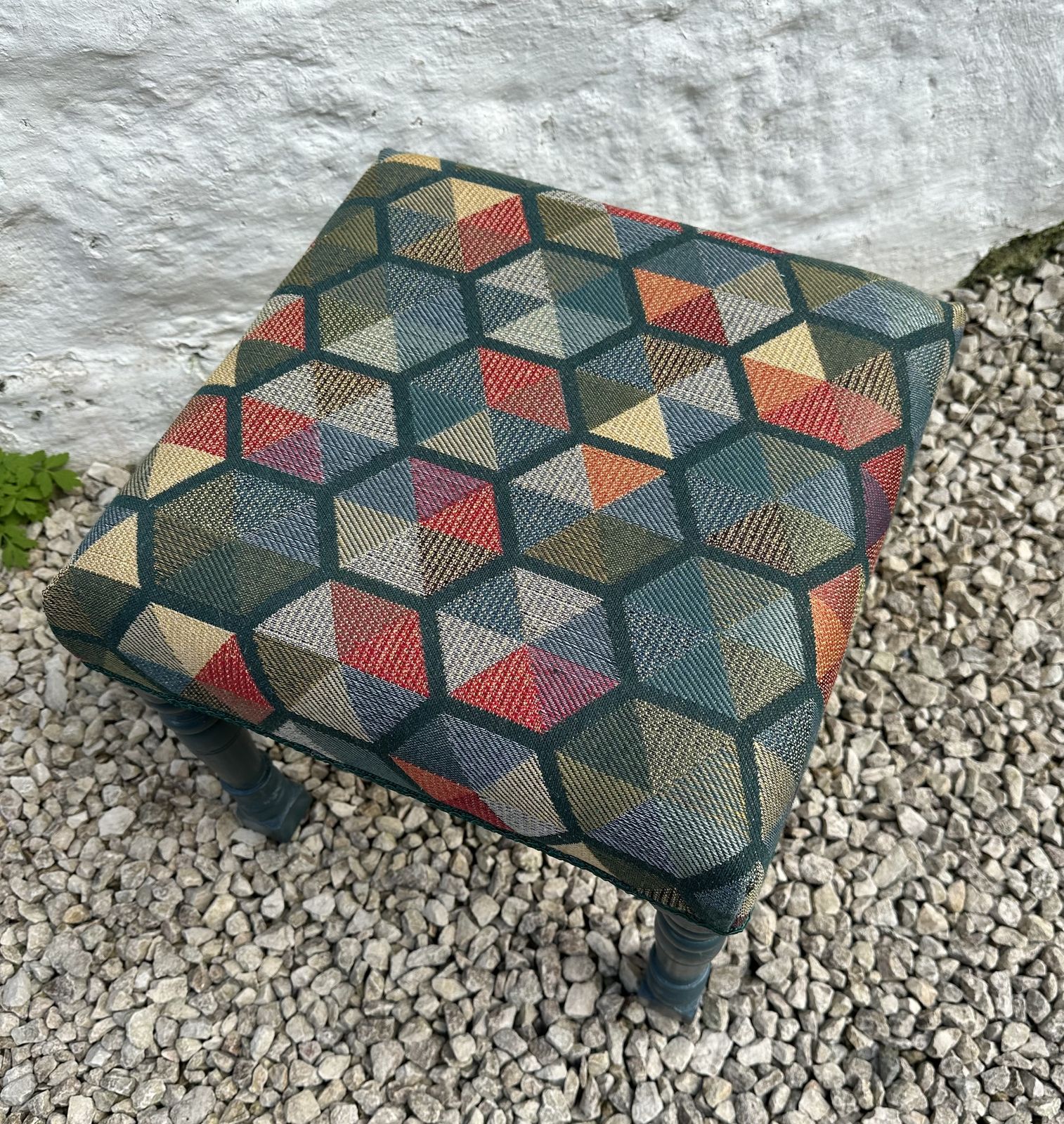 Footstool With Retro Geometric Upholstery, Green Trim And Reclaimed Painted Legs photo Furniture