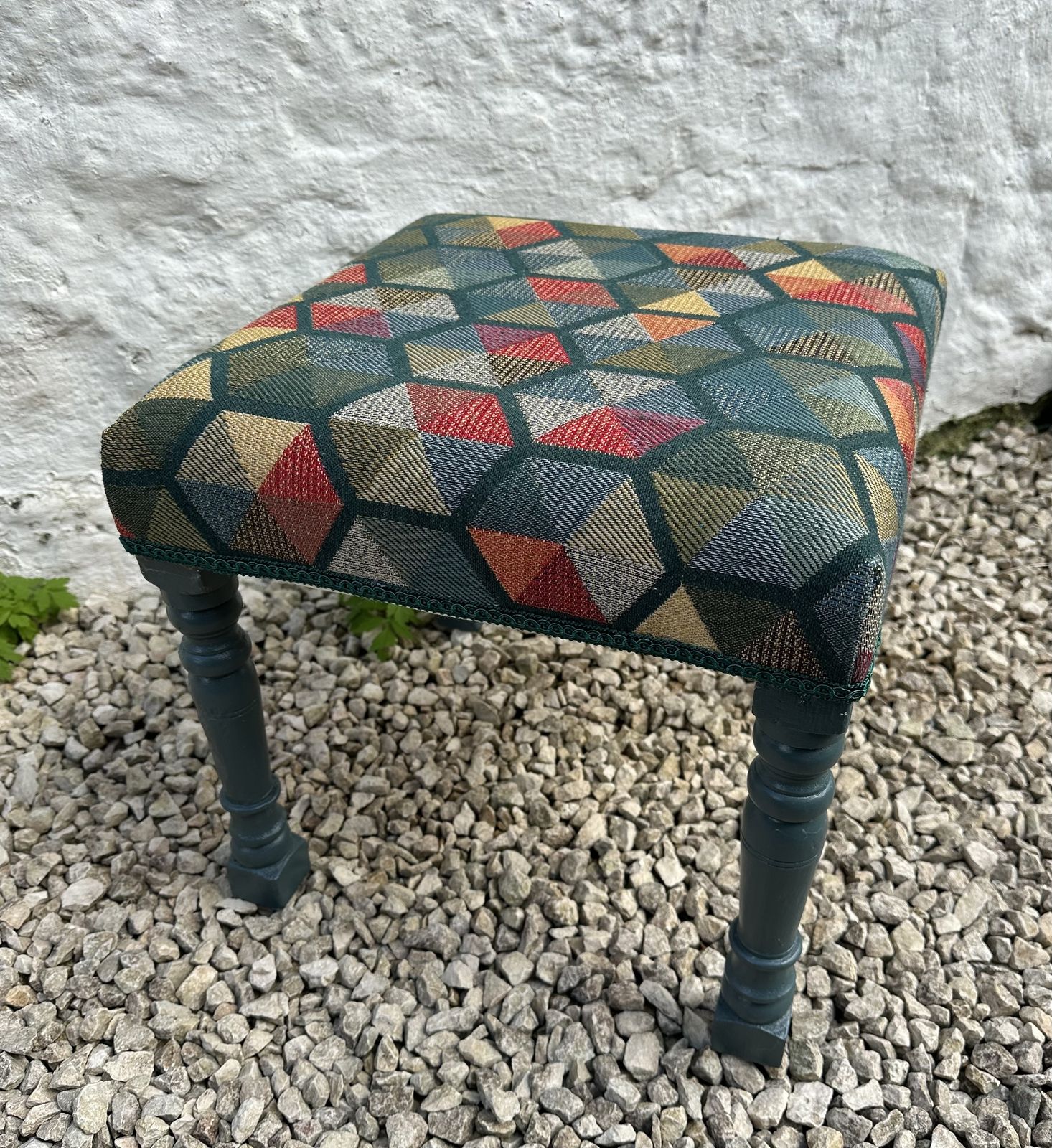 Footstool With Retro Geometric Upholstery, Green Trim And Reclaimed Painted Legs photo 60.0