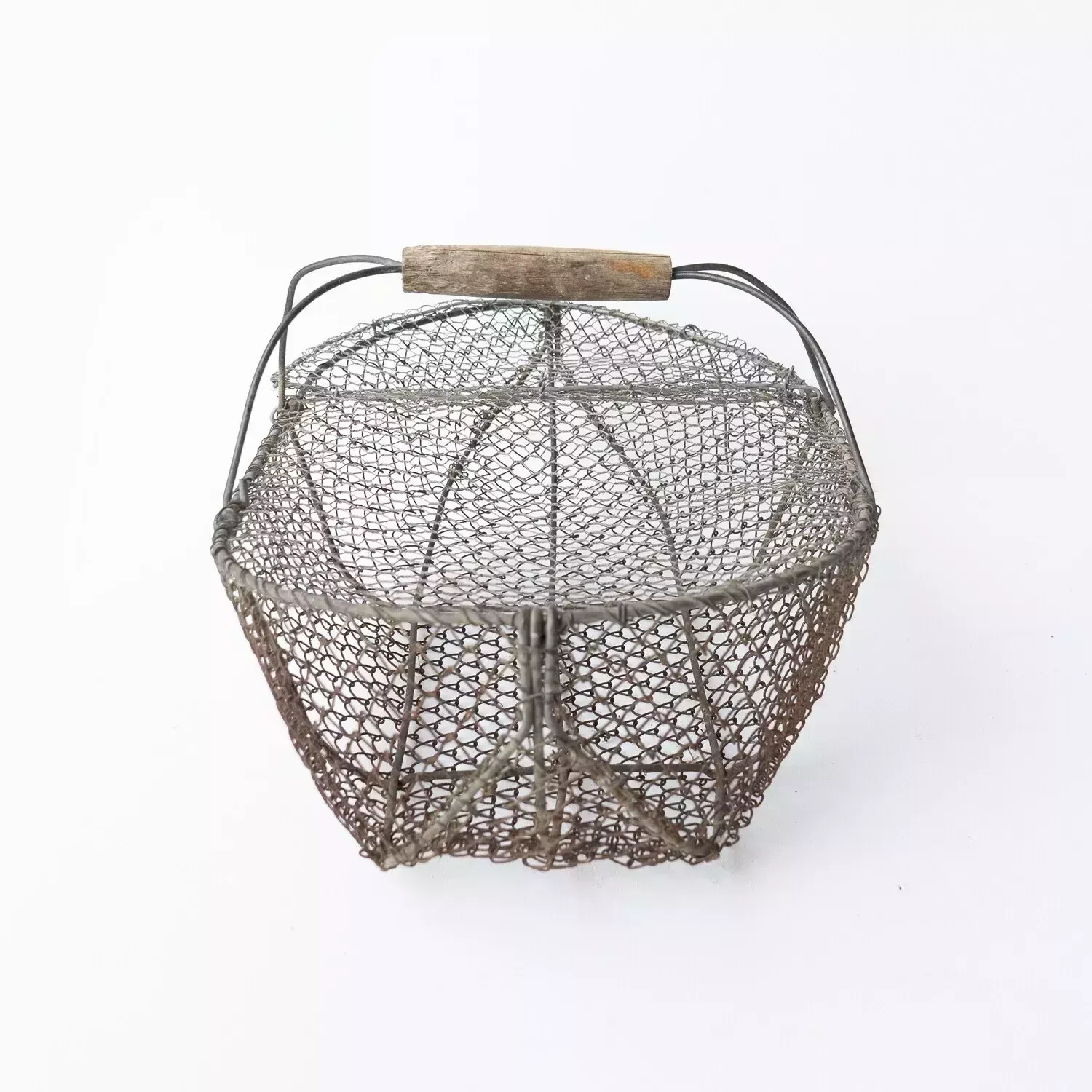 Large French Antique Wire Escargot Collecting Basket With Lid Flower Forage Trug photo vinterior