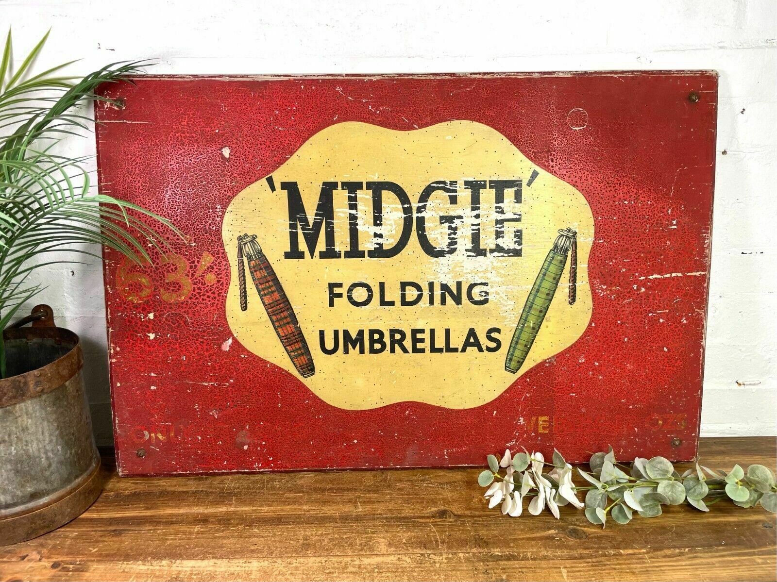 Vintage 1940's 1950's Midgie Folding Umbrellas Wooden Advertising Sign