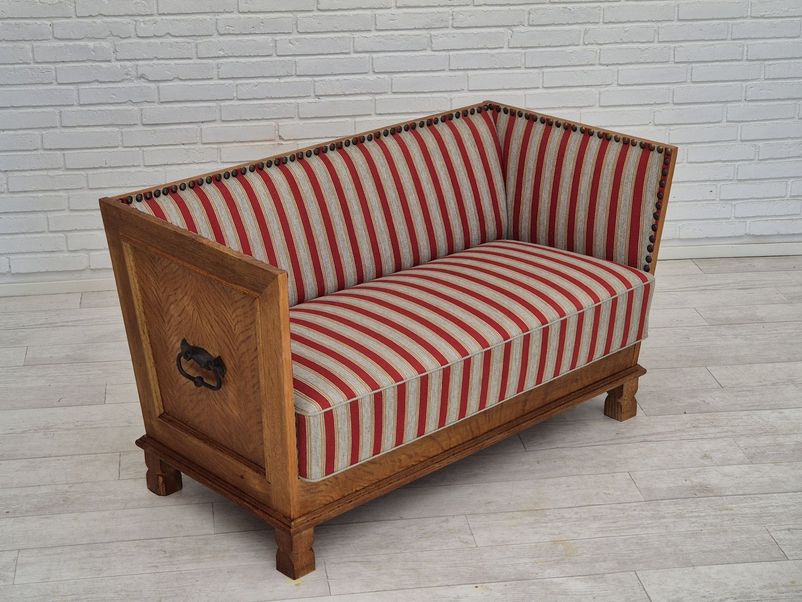 1960s, Danish 2 Seater Sofa, Furniture Wool, Oak Wood, Orginal Condition. photo vinterior
