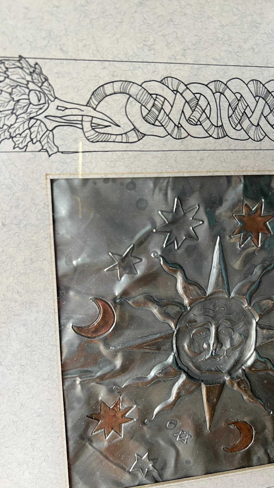Vintage Pagan Sun And Stars Framed Metal Relief Plaque photo Art