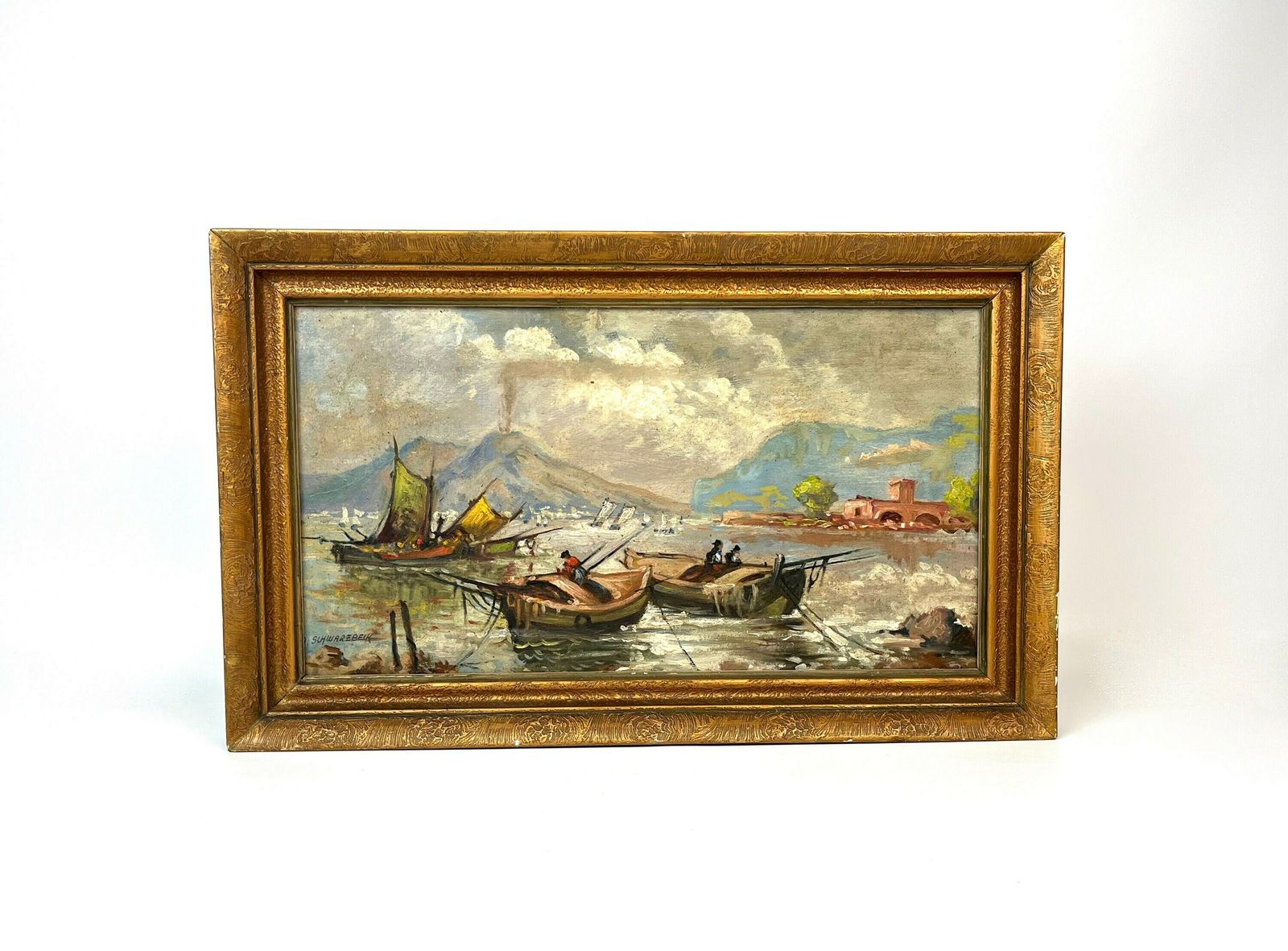 Antique Oil Painting Smoking Vesuv Vulcano Gulf Of Naples By A. Schwarzbeck About 1880