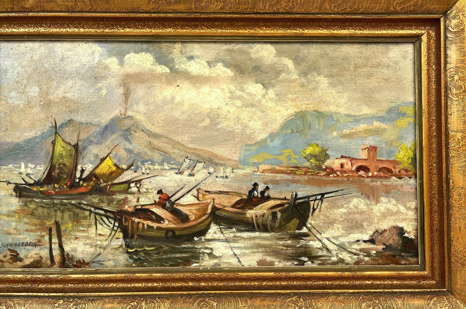 Antique Oil Painting Smoking Vesuv Vulcano Gulf Of Naples By A. Schwarzbeck About 1880 photo Art