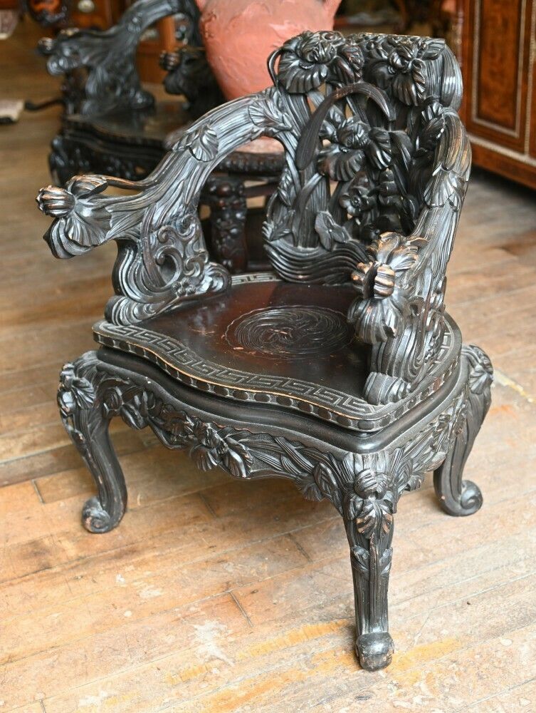 Pair Chinese Qing Arm Chairs Hand Carved 19th Century photo furniture