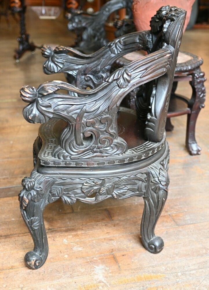 Pair Chinese Qing Arm Chairs Hand Carved 19th Century photo 2250.0