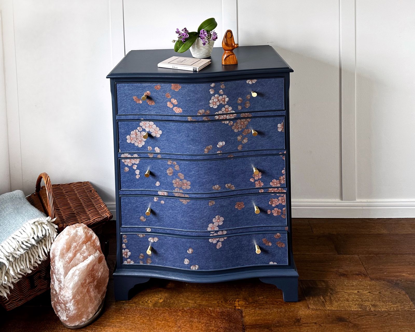 Chinoiserie Upcycled Chest Of Drawers, Cherry Blossom Serpentine Storage Chest photo buy