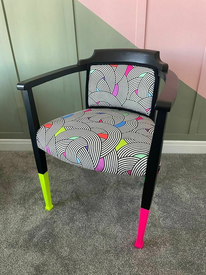 Bespoke Modern Geometric Graphic Pattern Velvet Arm Chair Upholstery Upcycled