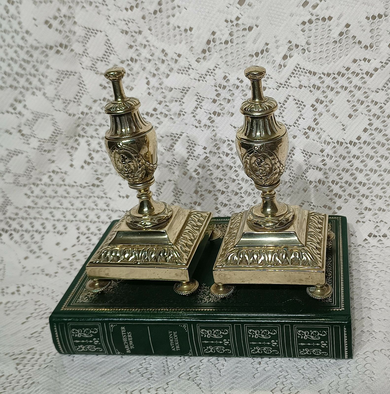 Antique Brass Mantel Urns Acanthus Leaf Motif With Grapes Leaves Motif. photo furniture