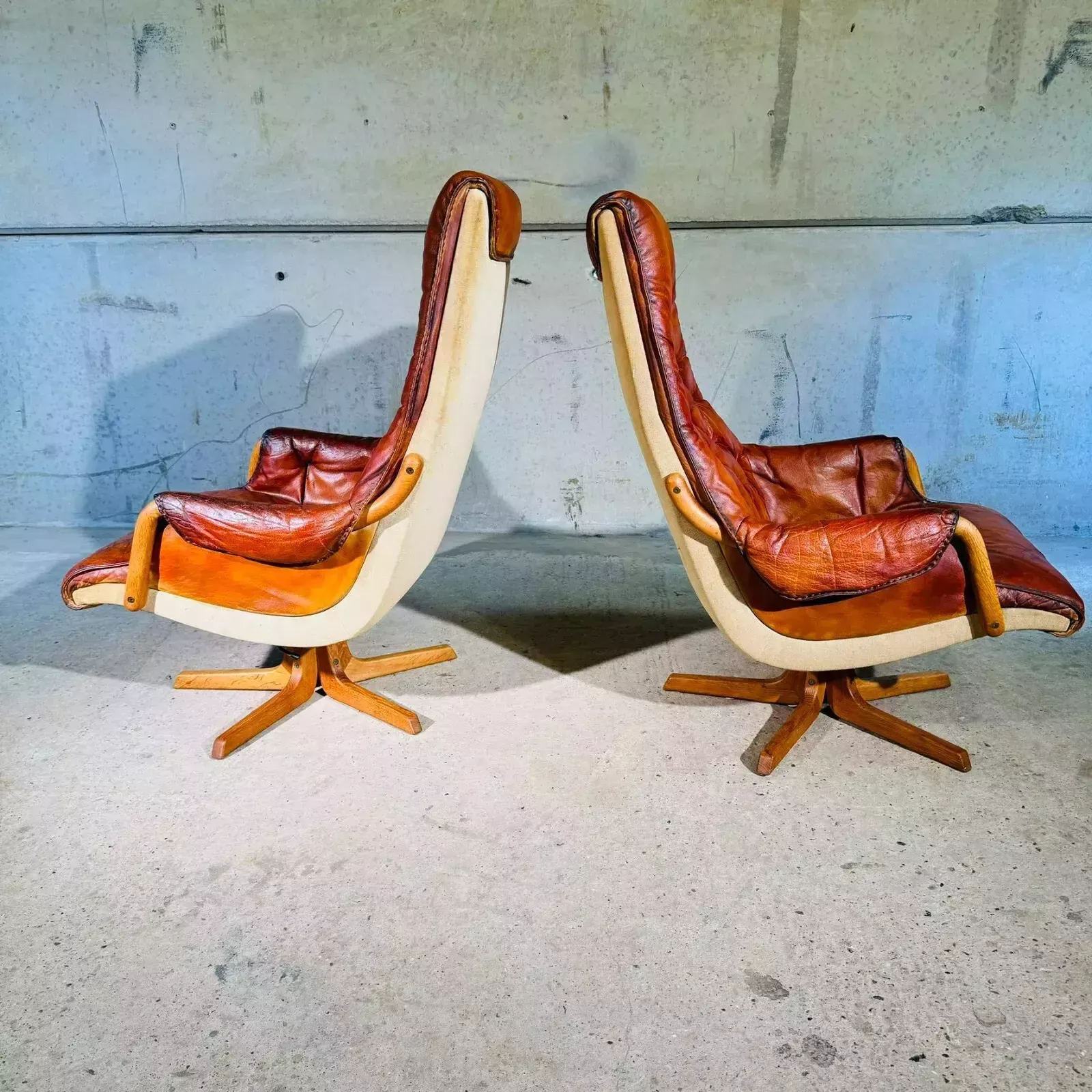 Pair Of 1960s Scandinavian High Back Leather Swivel Chairs By Berg #A318 photo Furniture