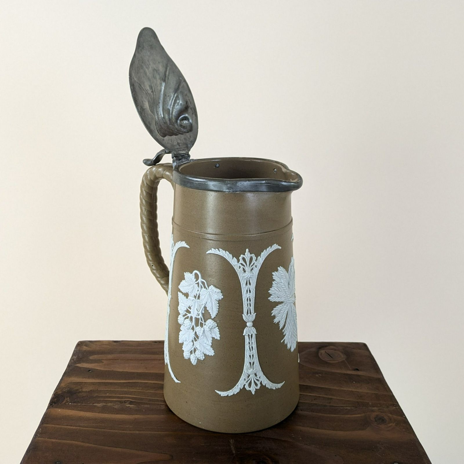 Antique English Pottery Pitcher By James Dudson With Dixon & Sons Pewter Lid, Antique Wine Jug photo vintage