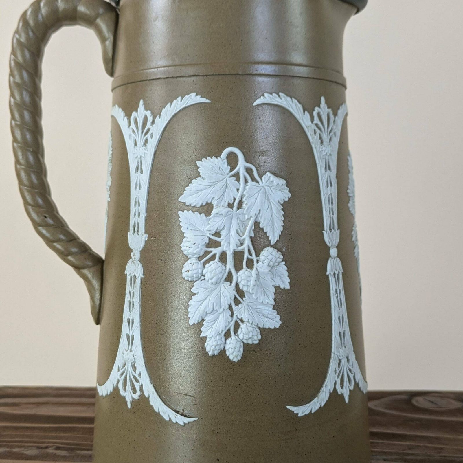 photo furniture Antique English Pottery Pitcher By James Dudson With Dixon & Sons Pewter Lid, Antique Wine Jug