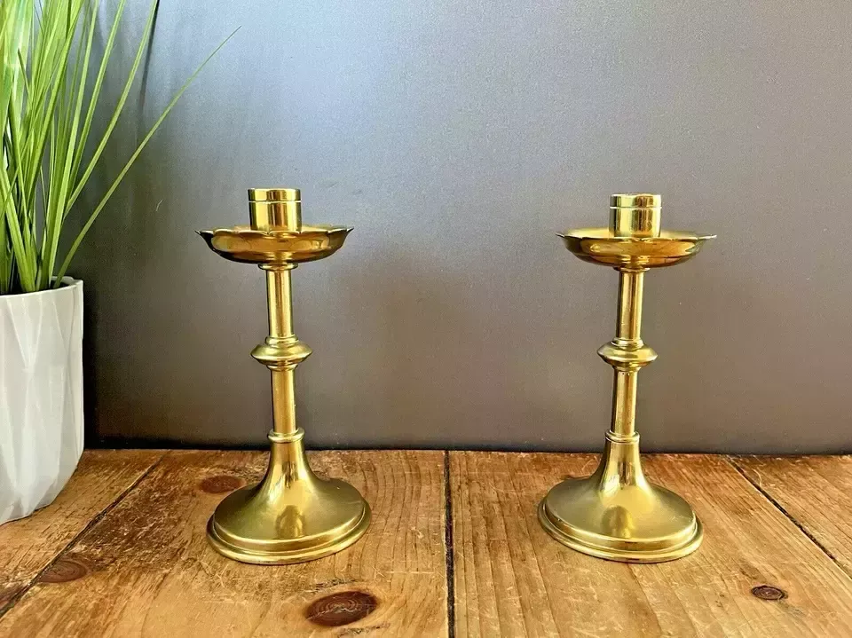 Pair Of Antique English Gothic Brass Altar Candlesticks Candle Holders Pugin photo 150.0