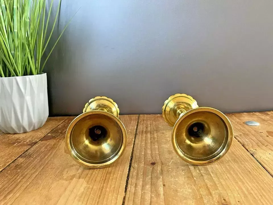 Pair Of Antique English Gothic Brass Altar Candlesticks Candle Holders Pugin photo vintage