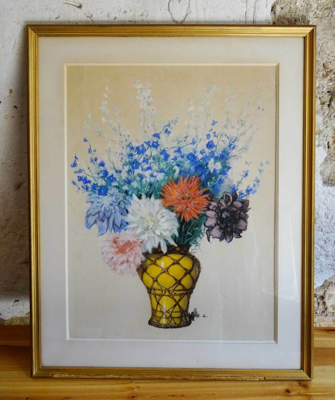 Large French Pastel, Delphiniums And Dahlias photo Art