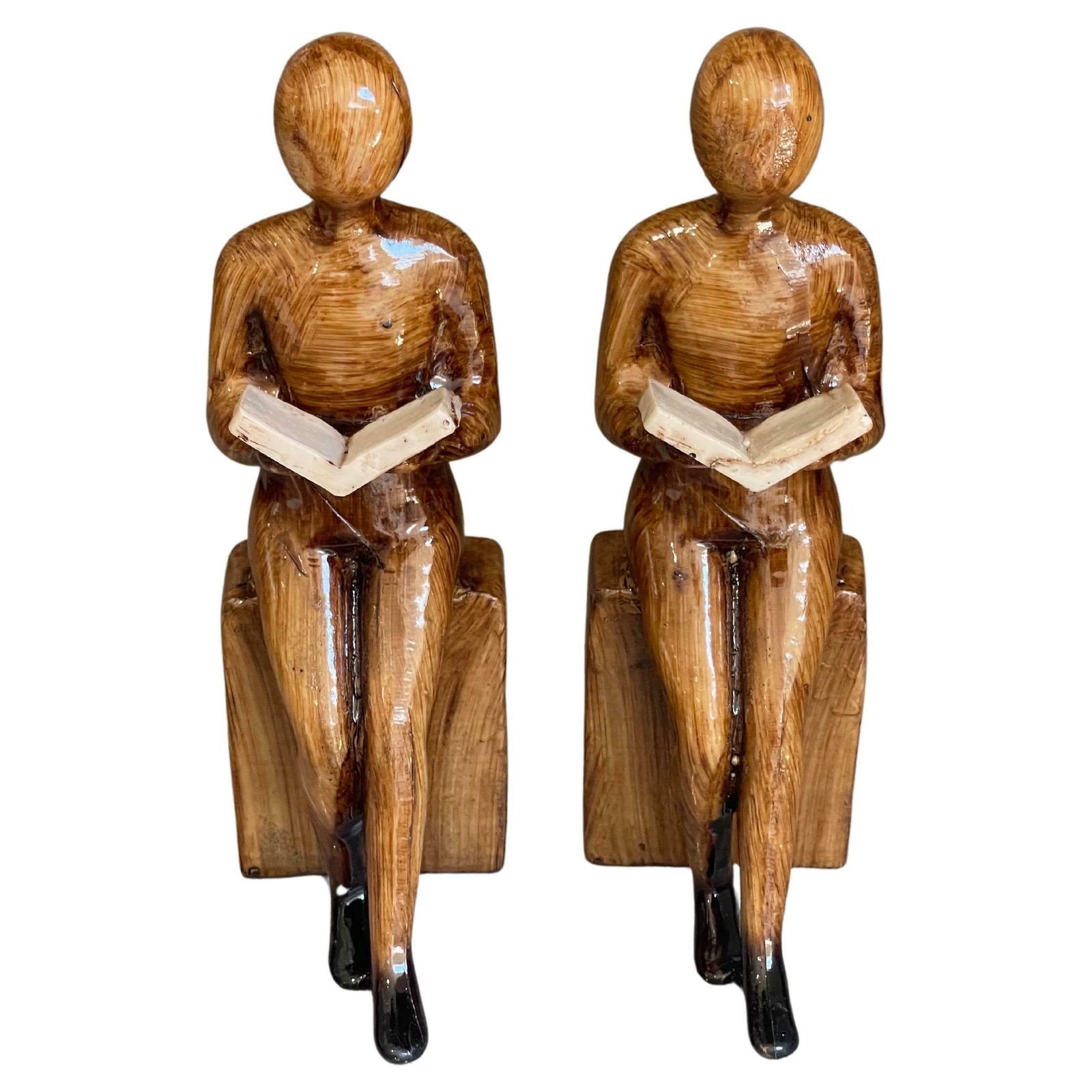 Carving Wooden Sculptures Book End Set Of 2 Decorative Figurine Of Book Holders