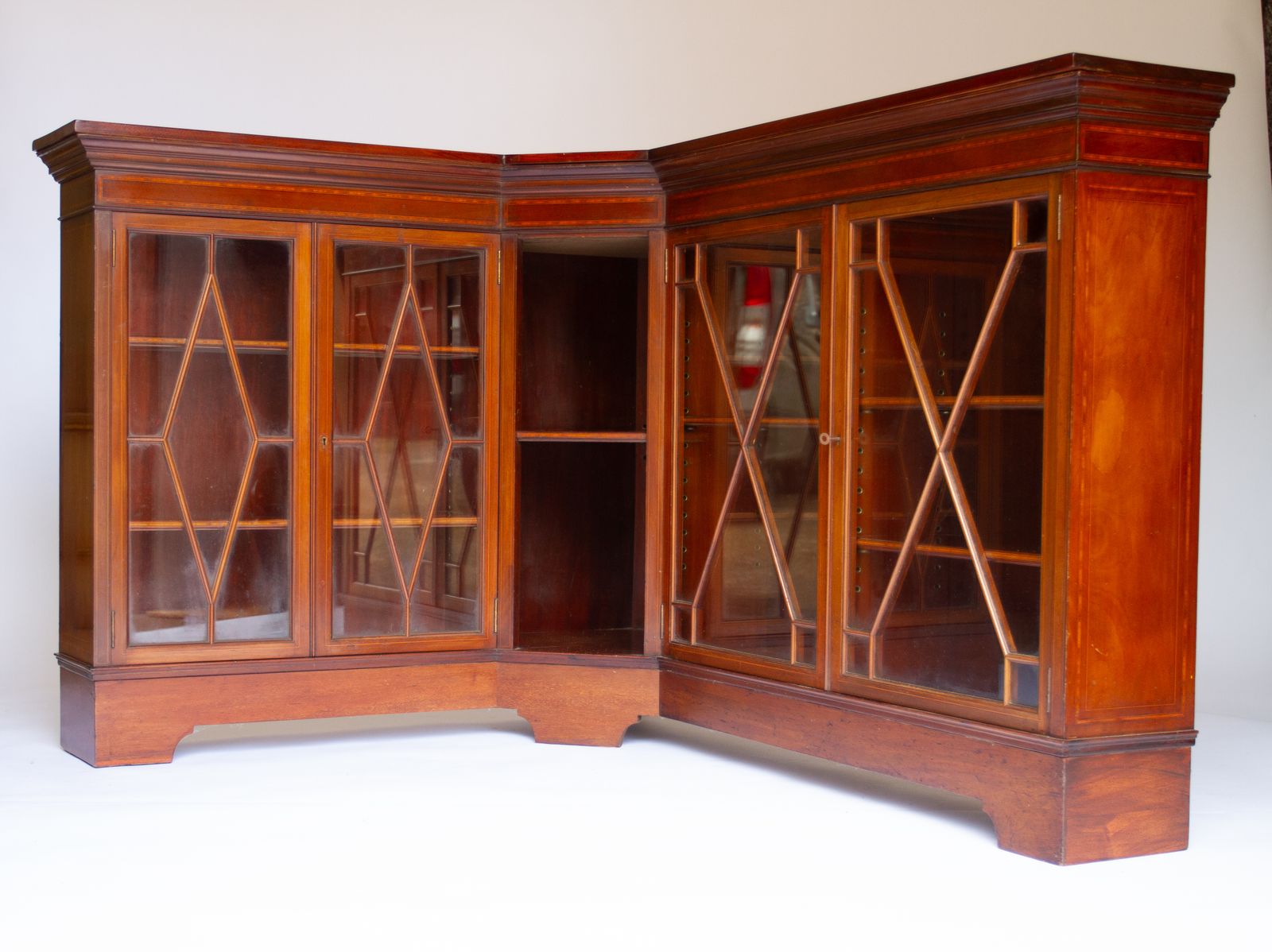 Edwardian Inlaid Mahogany L Shaped Corner Cabinet