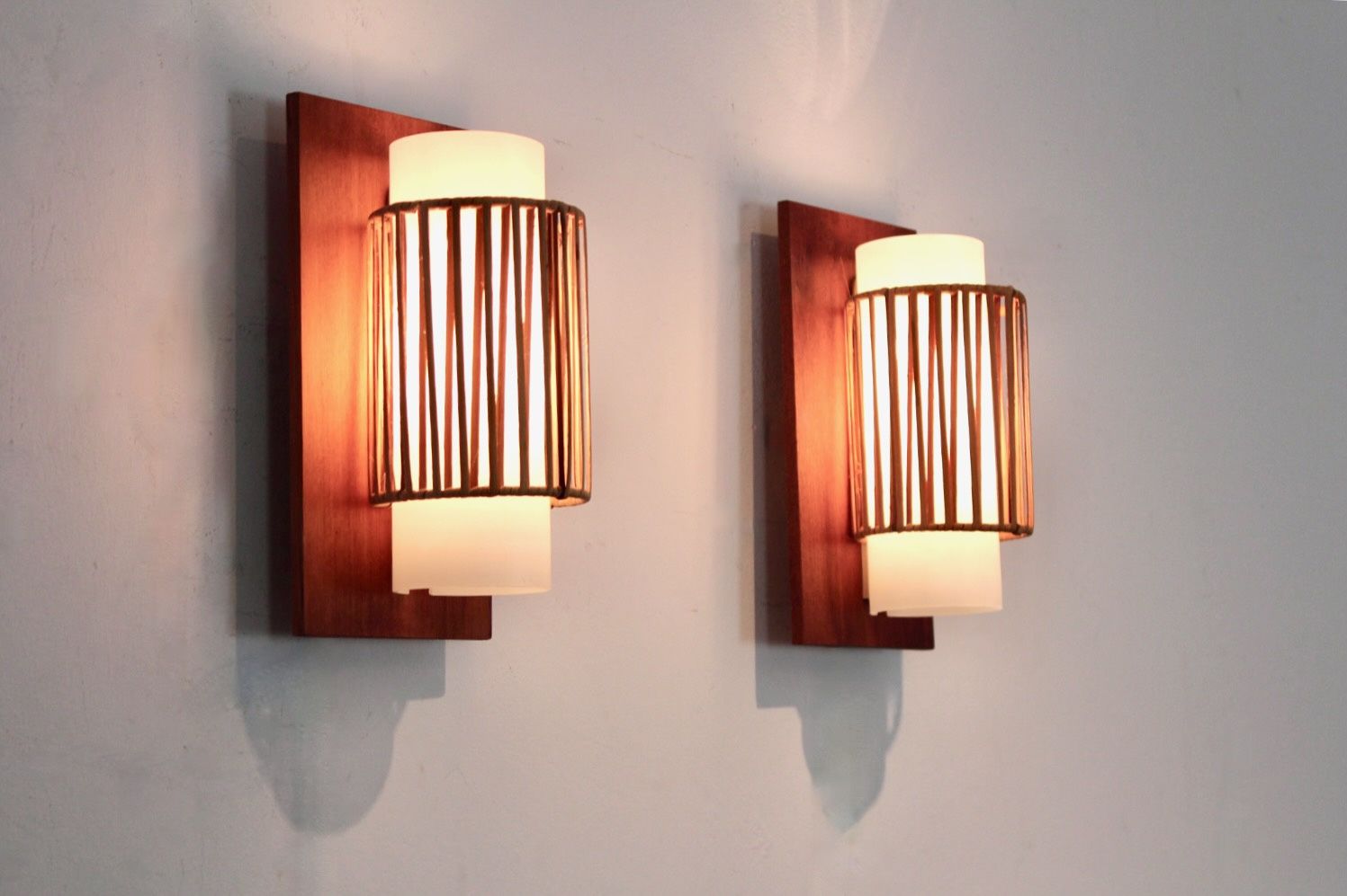 Natural Pair Of Rattan, Teak And Opaline Glass Wall Lights