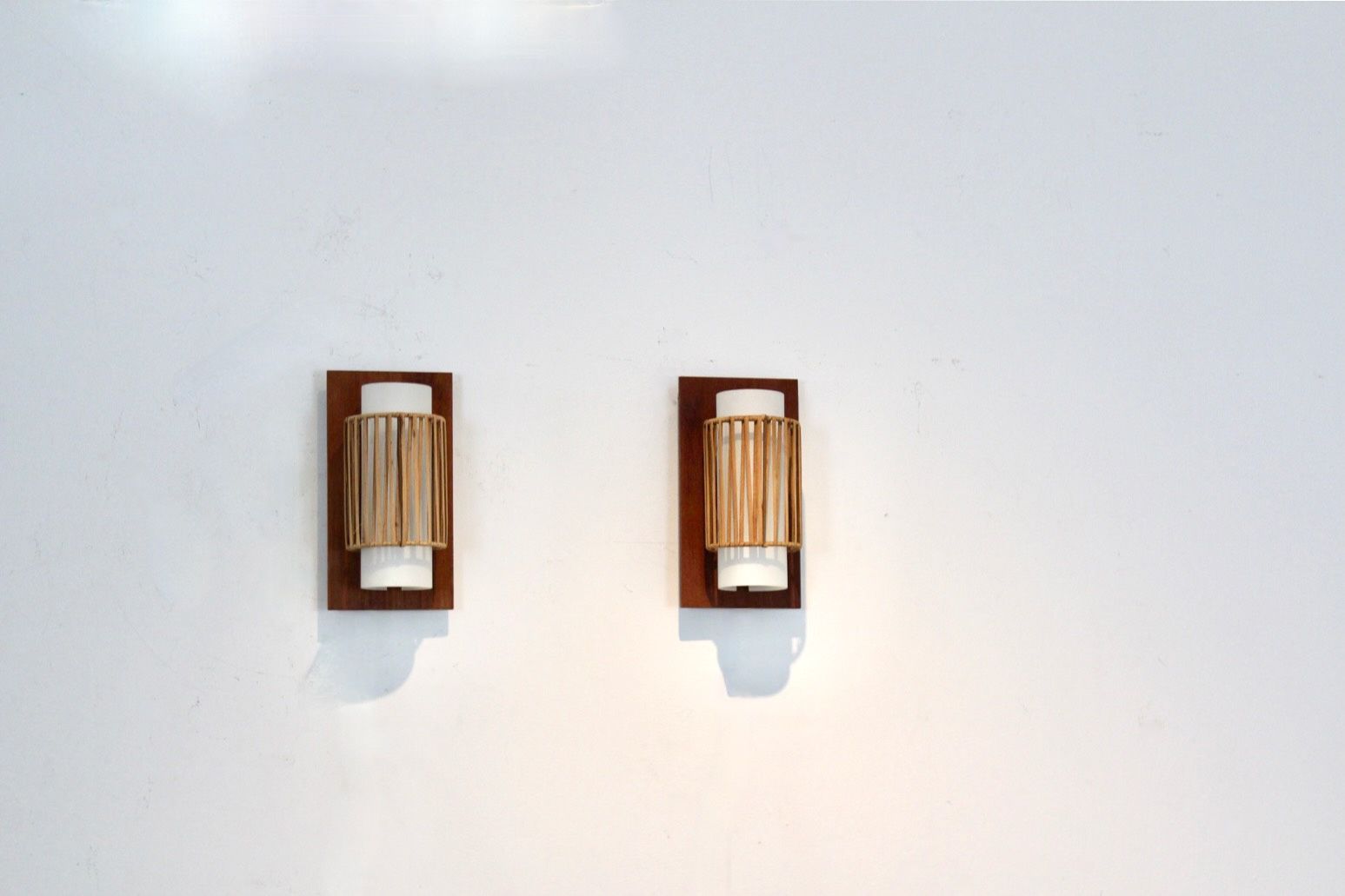 Natural Pair Of Rattan, Teak And Opaline Glass Wall Lights photo Lighting