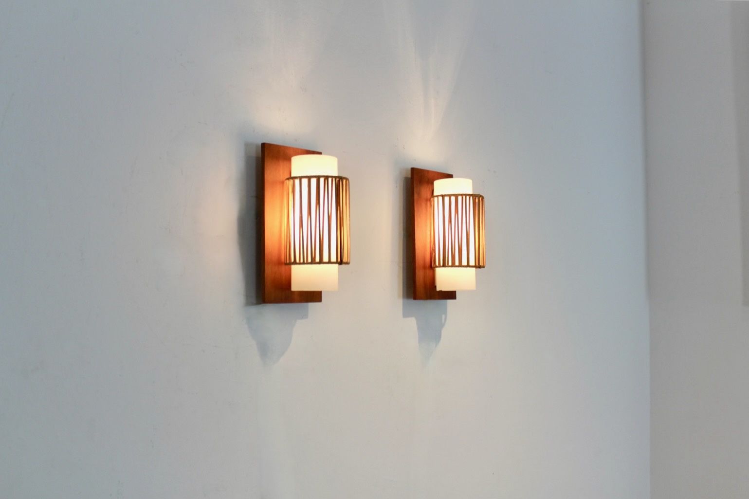 Natural Pair Of Rattan, Teak And Opaline Glass Wall Lights photo vinterior