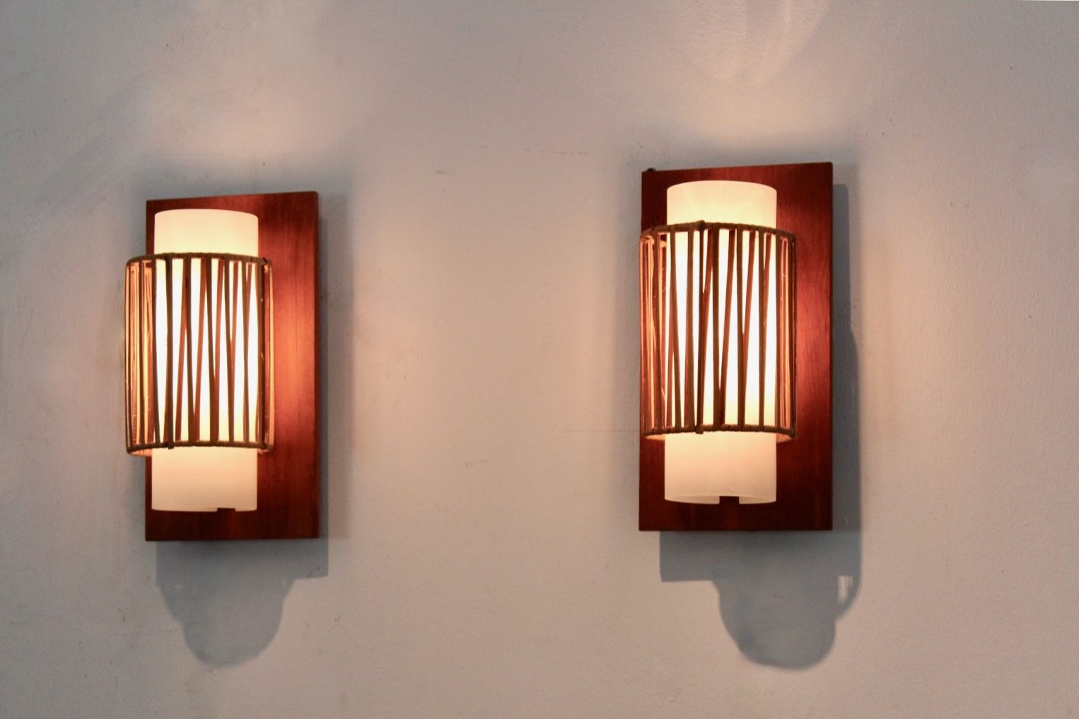 1650.0 Natural Pair Of Rattan, Teak And Opaline Glass Wall Lights photo