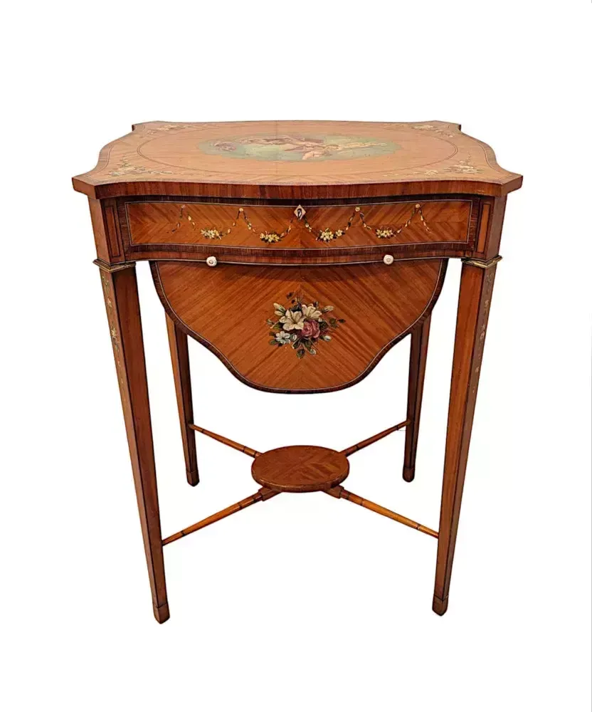 A Rare Late 19th Century Inlaid And Hand Painted Side Or Sewing Table