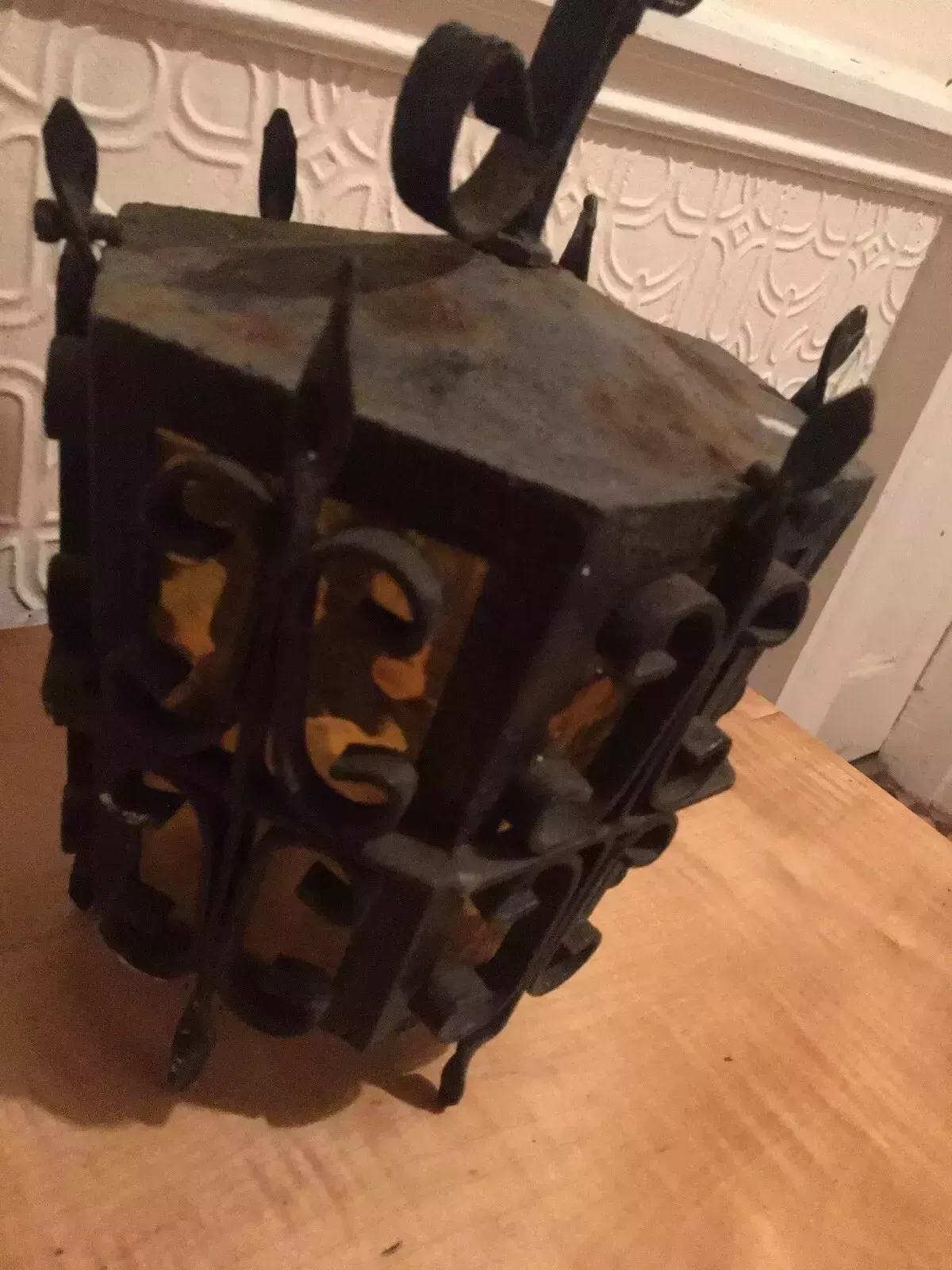 photo buy Antique Wrought Iron Porch Lantern Amber Glass Wired Arts Crafts