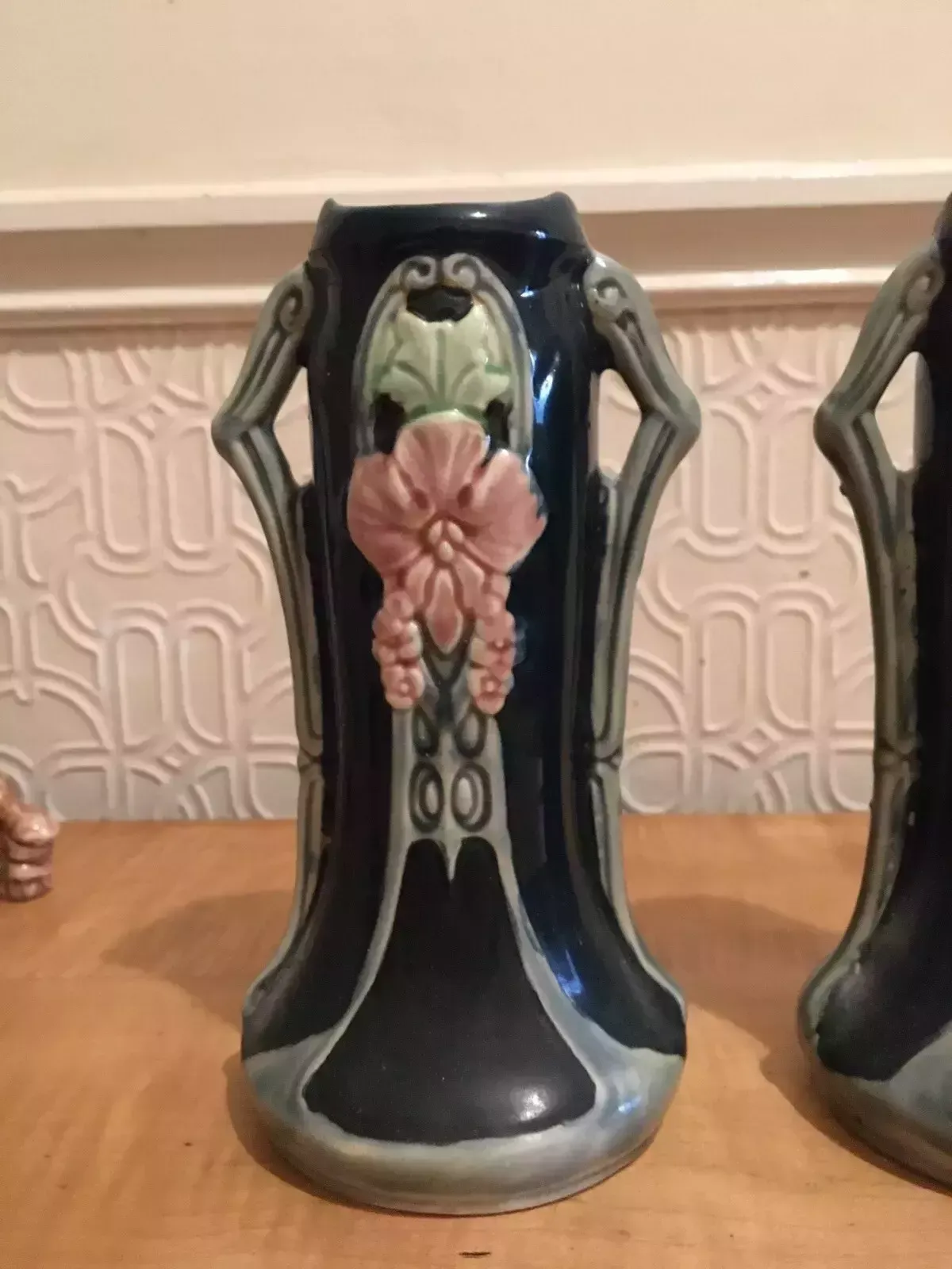 Pair Of Continental Secessionist Jugendstil Majolica Nouveau Amphora Vases photo 75.0