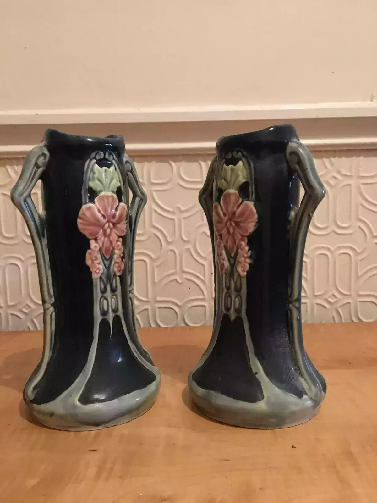 Pair Of Continental Secessionist Jugendstil Majolica Nouveau Amphora Vases photo buy