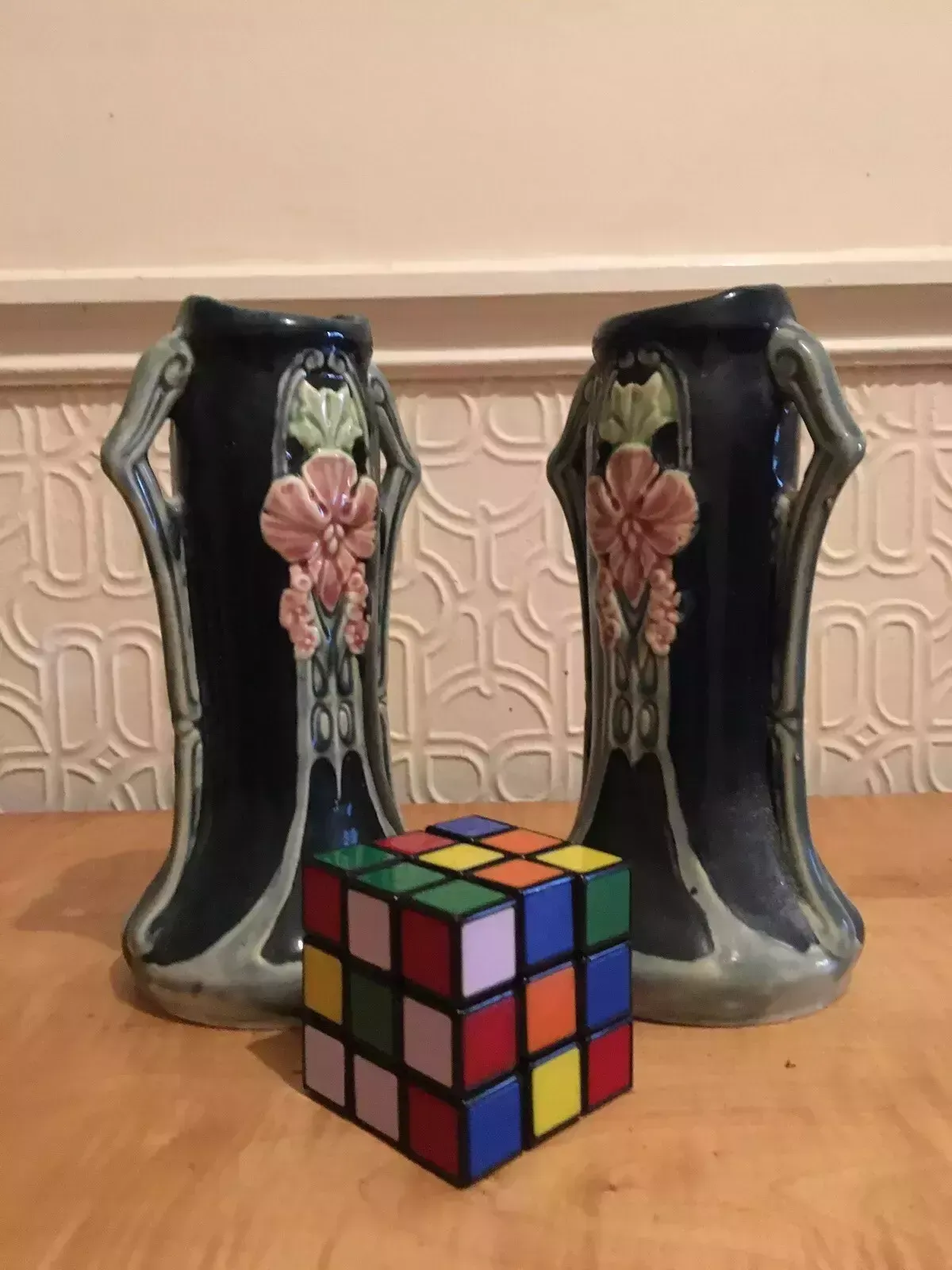 Pair Of Continental Secessionist Jugendstil Majolica Nouveau Amphora Vases photo vintage