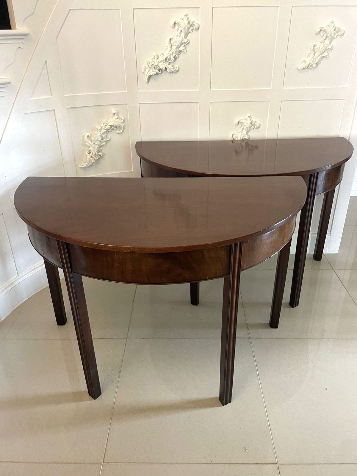 Pair Of Quality Figured Mahogany Antique 18th Century Demi Lune Console Tables photo vintage